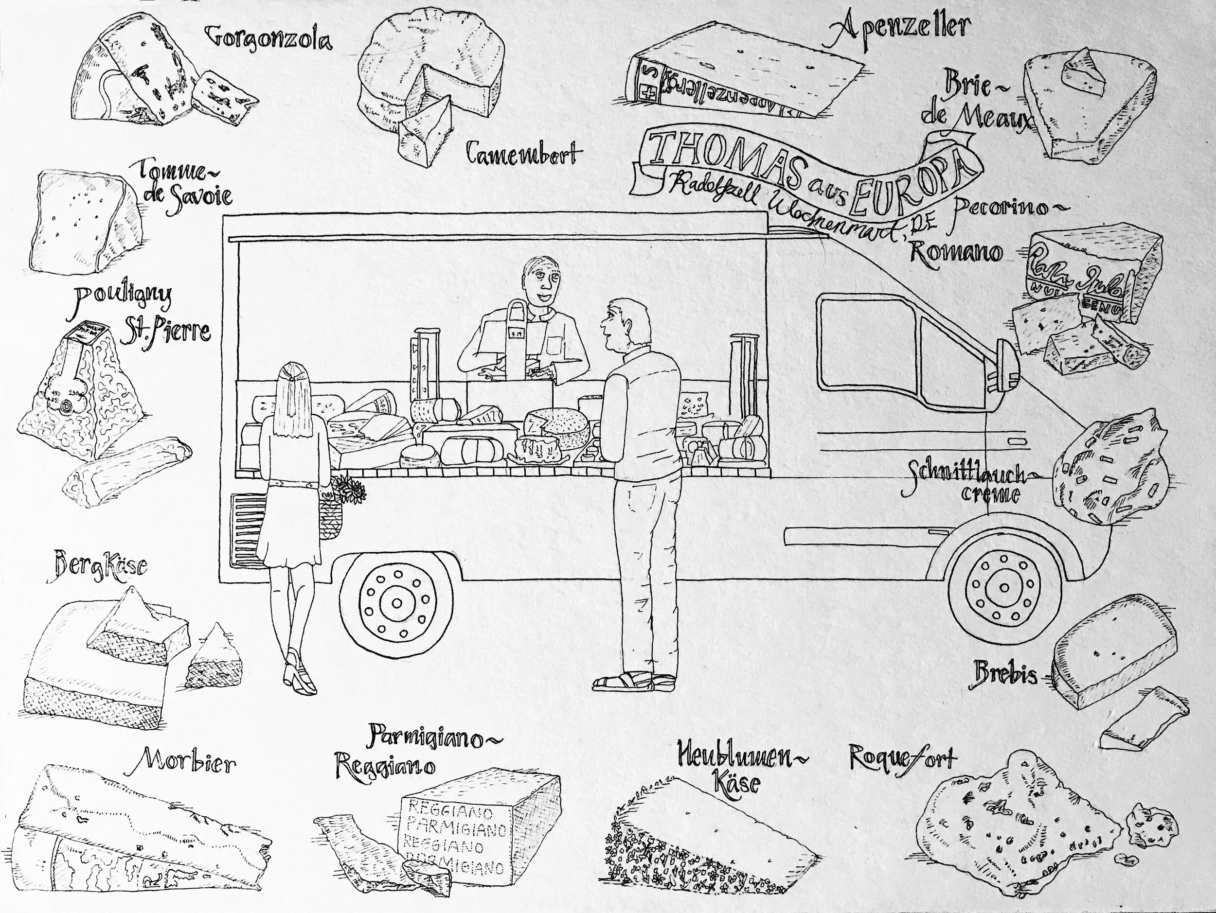 Pen Drawing of Thomas's Cheese Truck in Radolfzell, Germany