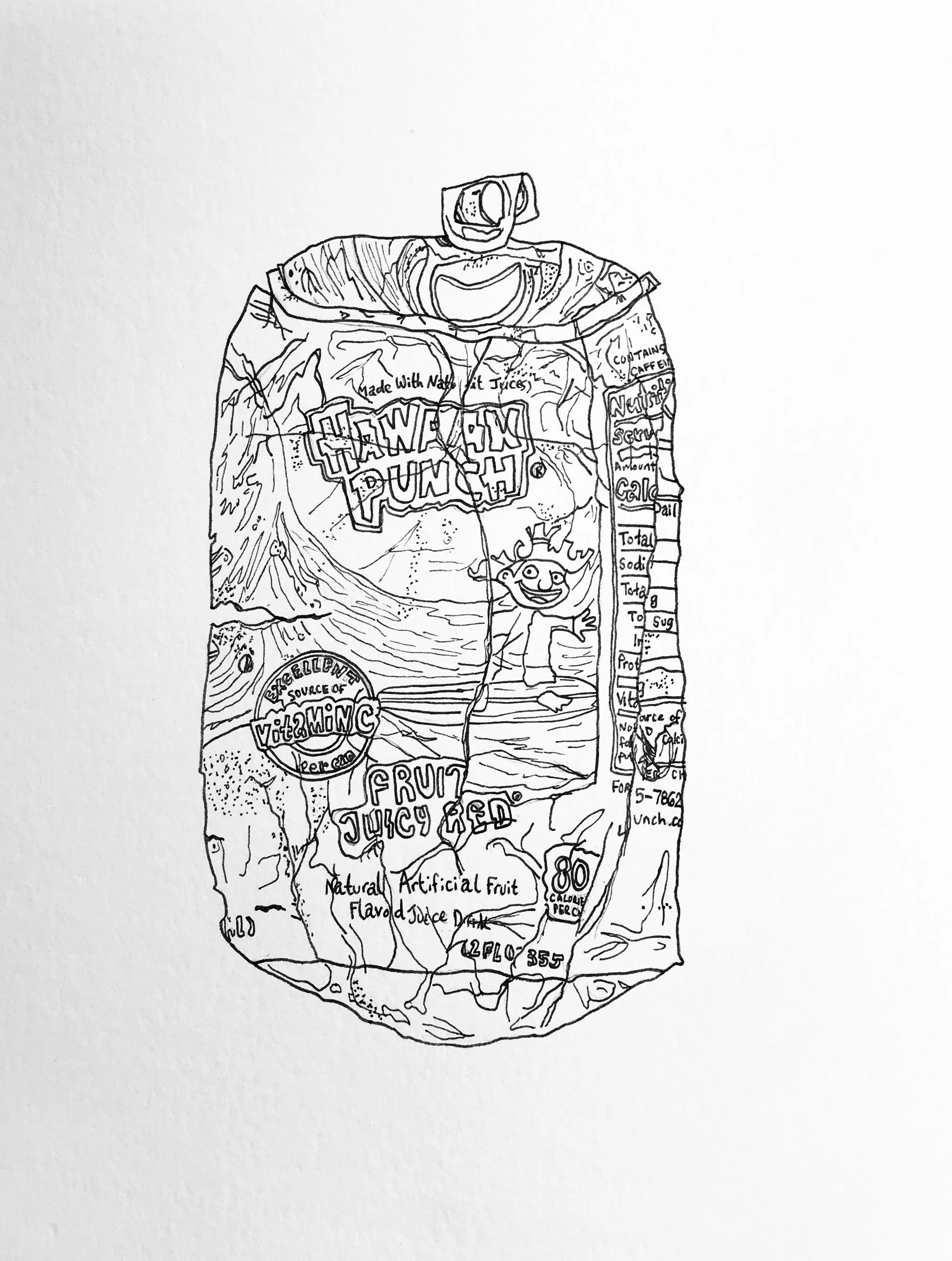 Pen drawing of a crushed Hawaiian Punch can found in Charleston
