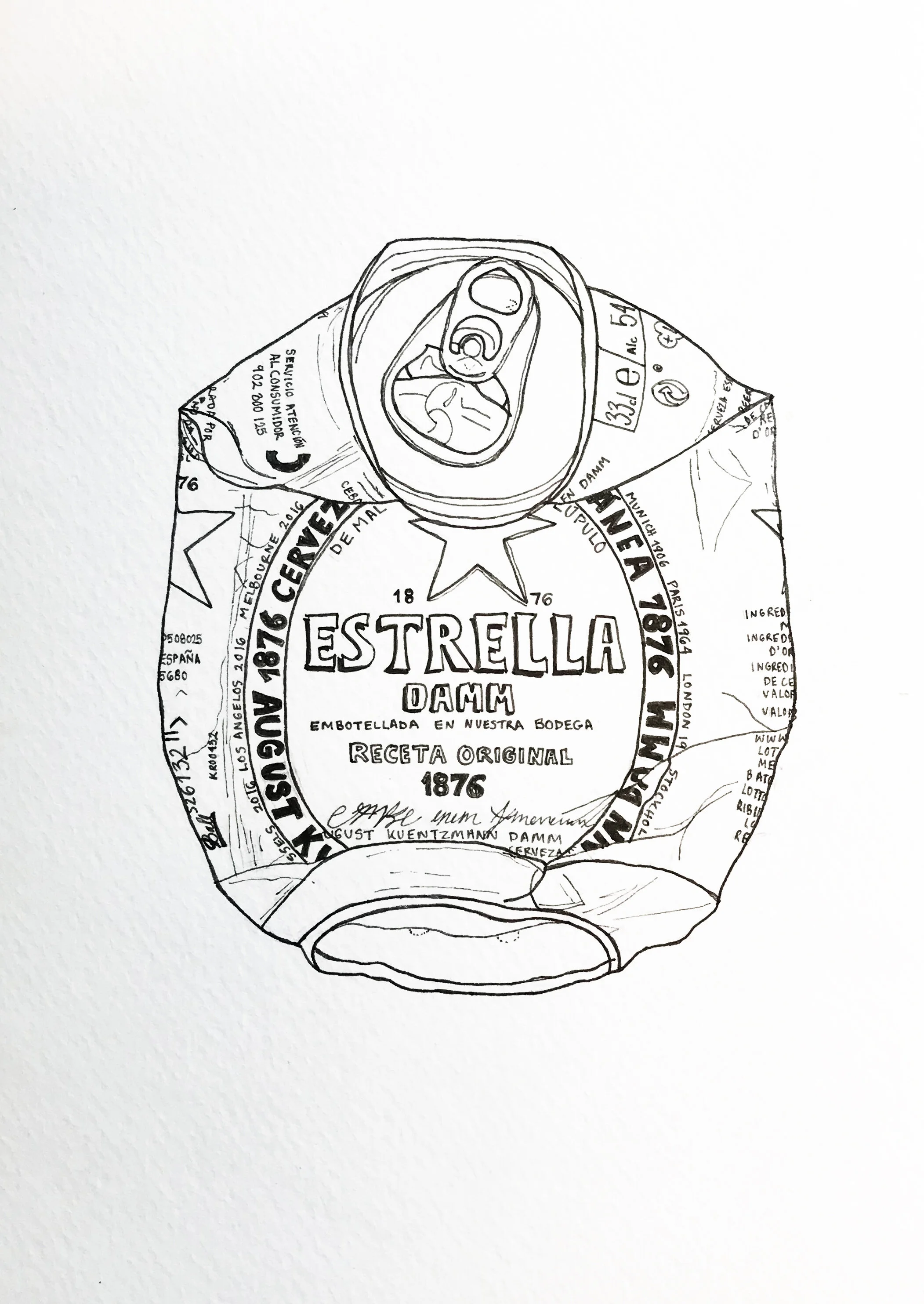 Pen drawing of a crushed Estrella beer can found in Spain