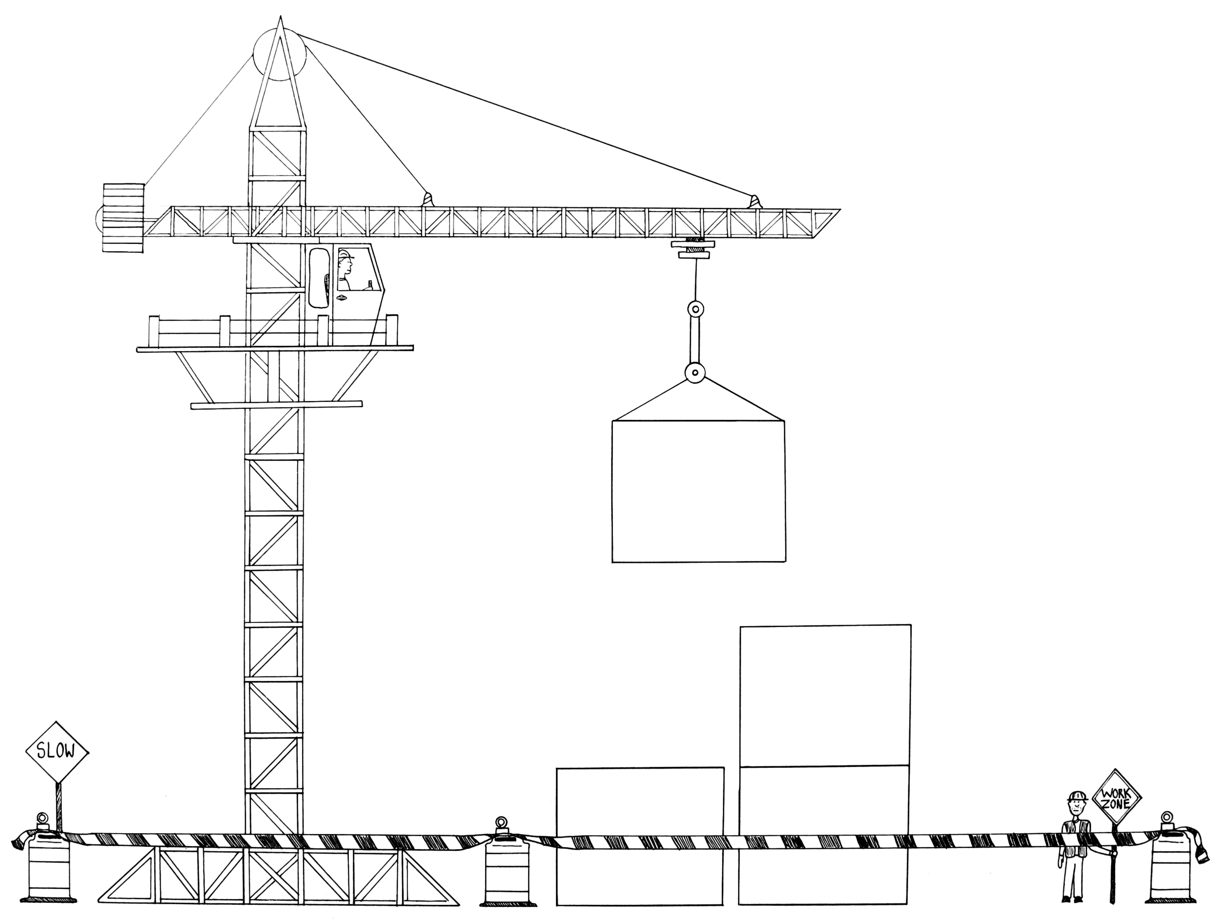 Pen drawing of a construction zone