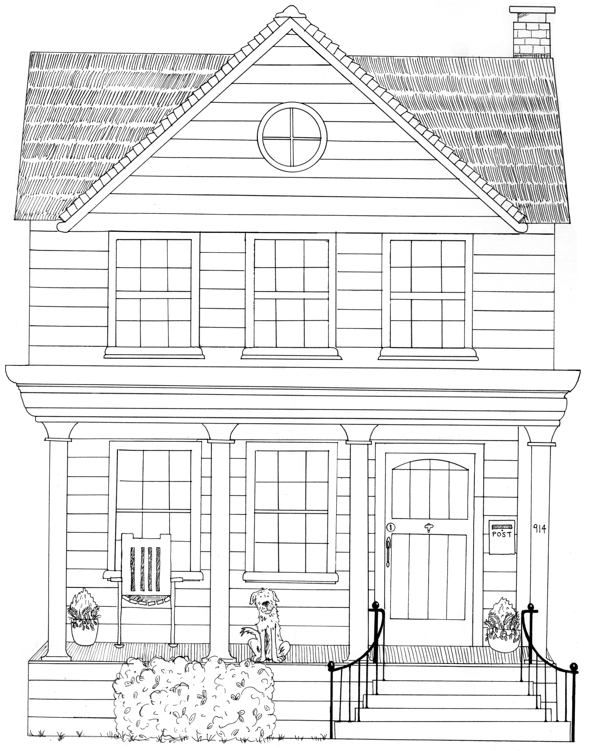 Pen drawing of a two story house 