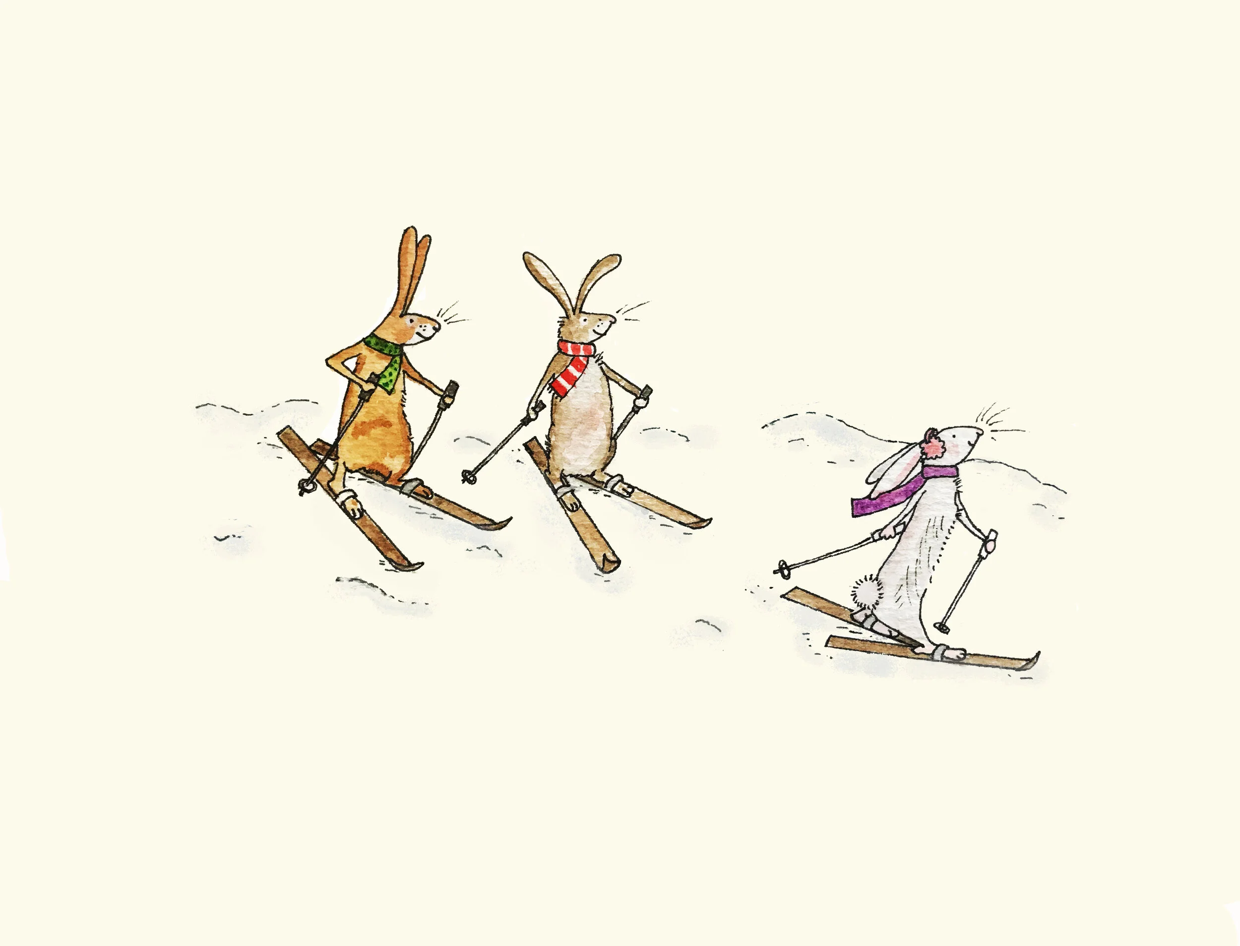 Snow Bunny. Watercolor Christmas Card. 