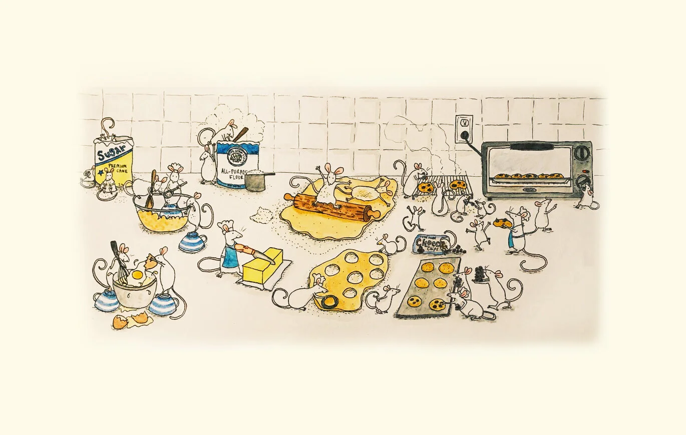 Mice Baking Cookies, Watercolor Illustration