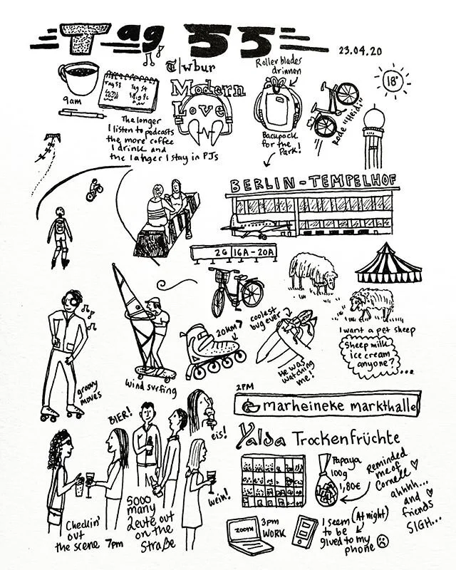 Day 55. Took my rollerblades to the airport
.

#illustration #inkillustration #illustrationartists #illustrationnow #dailysketch #comicartist #comic #penart #sketchbook #kunstlerin #comicdrawing #livinginberlin #leute #marheinekemarkthalle #berlintem