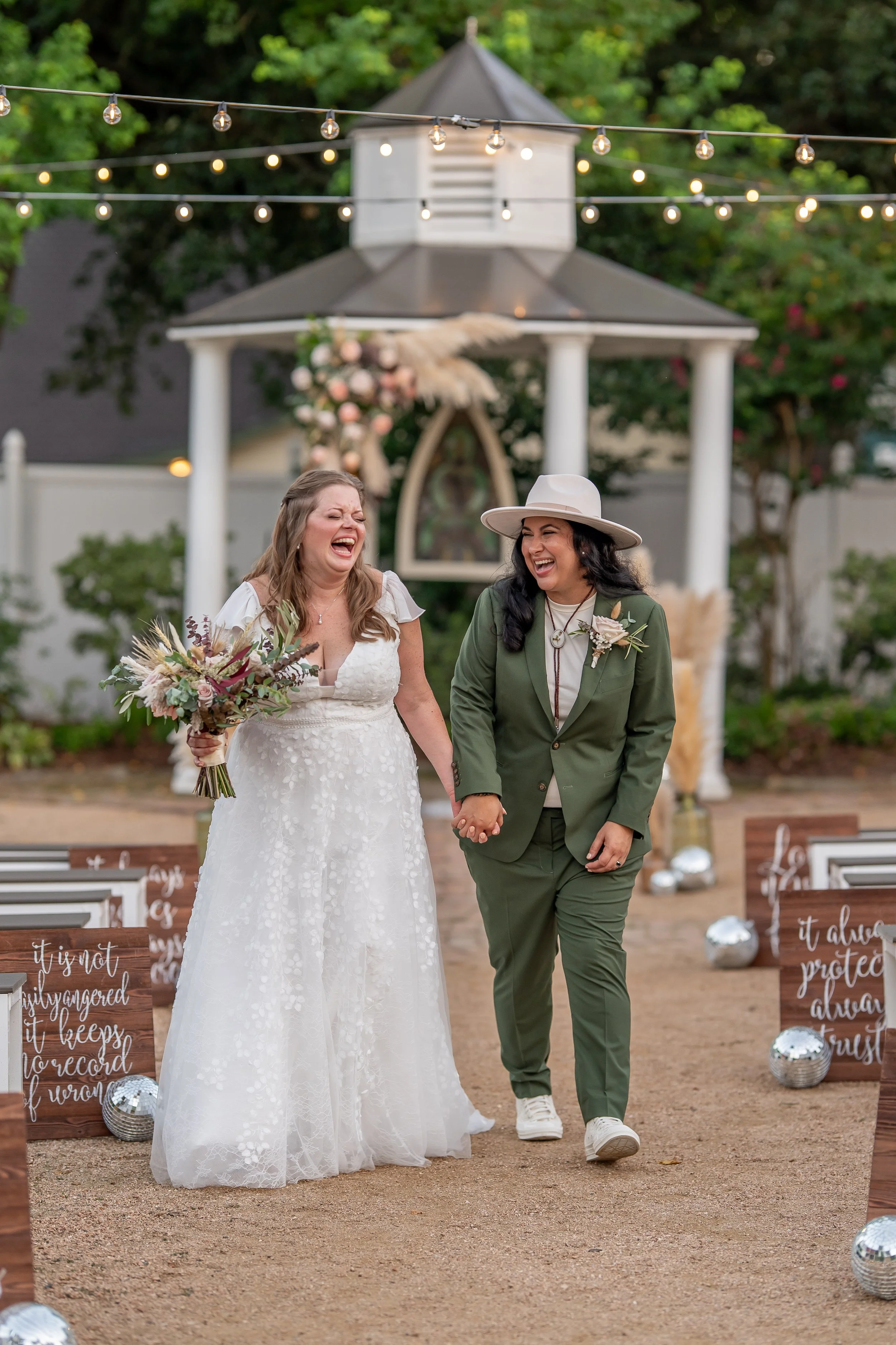 Fall wedding at Houston area venue during golden hour with warm lighting and romantic atmosphere