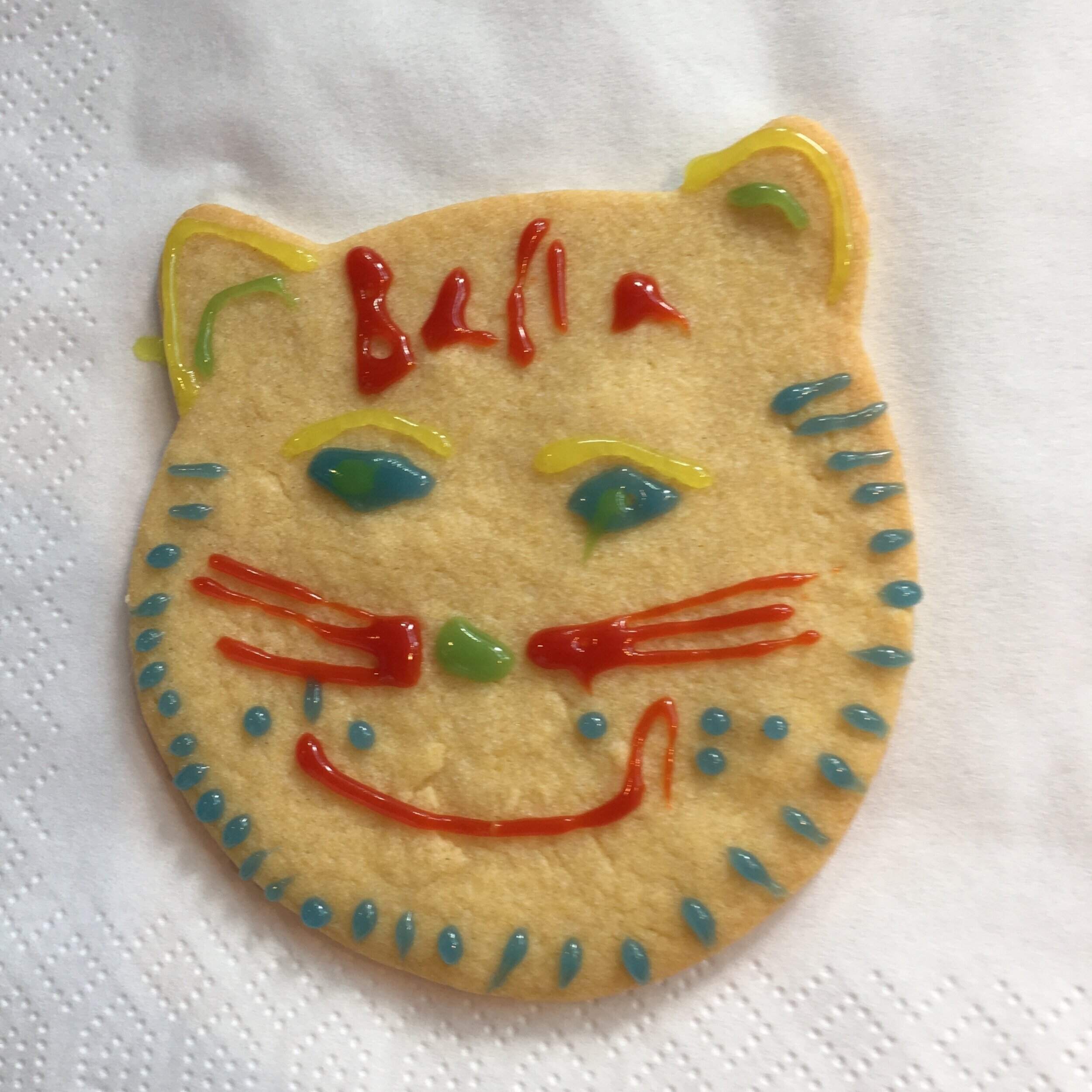 One of the 450 cat-shaped cookies made for my launch party! I like the smiley & yummy version of me with red whiskers.