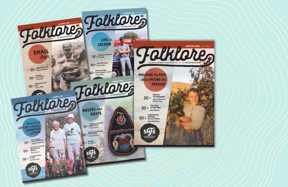 Against a teal blue tree ring background, several editions of folklore are displayed in colours of blue, green and orange.