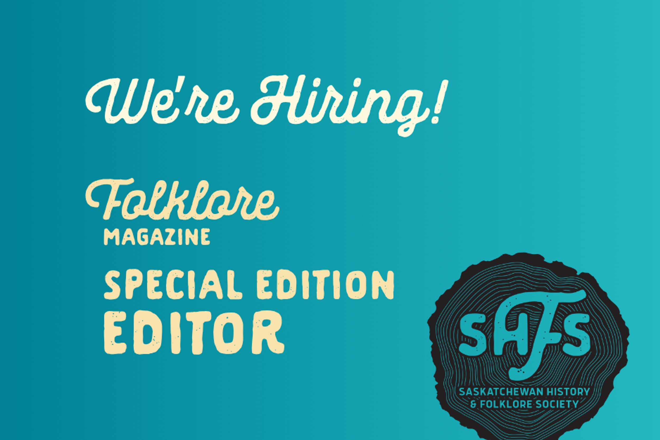 A graphic reads "We're Hiring! Folklore Magazine Special Edition Editor" on a teal blue background.