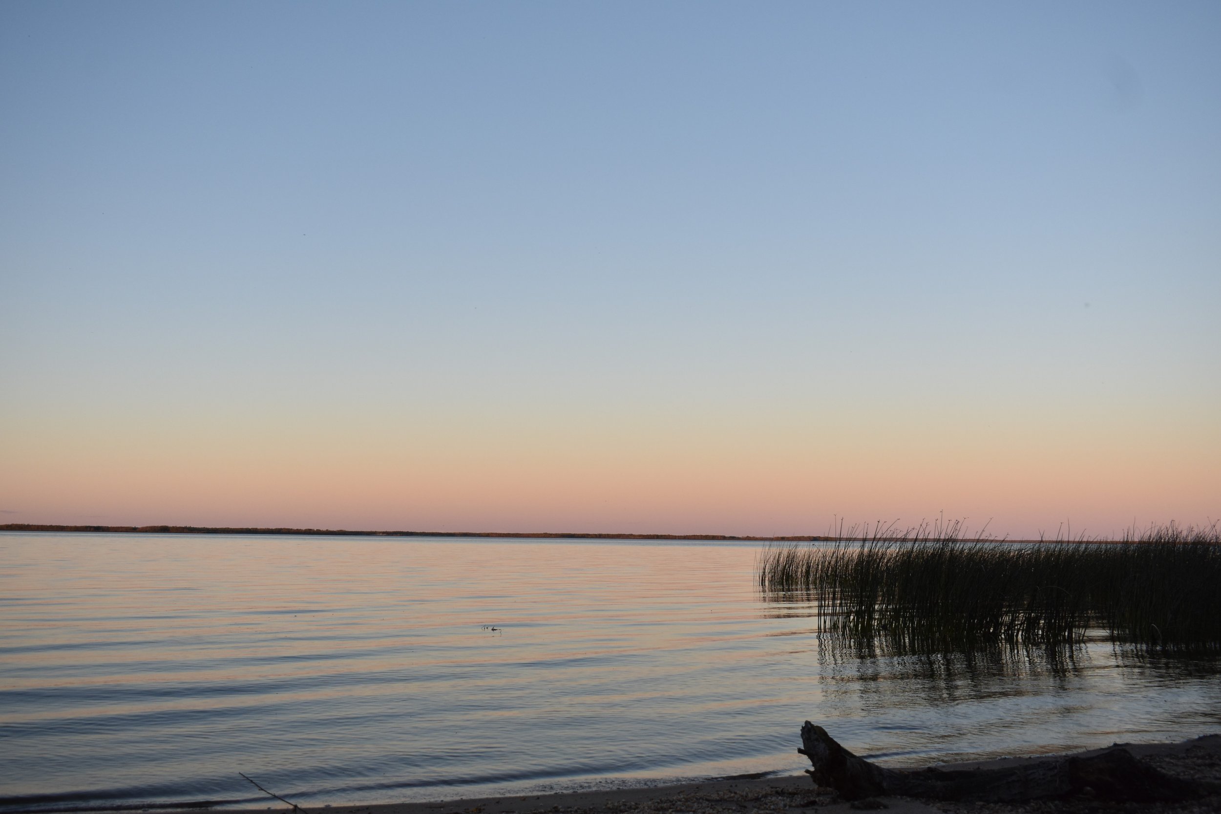 An orange and pink sunset in a clear sky over a calm lake with reeds and a sandy beach.