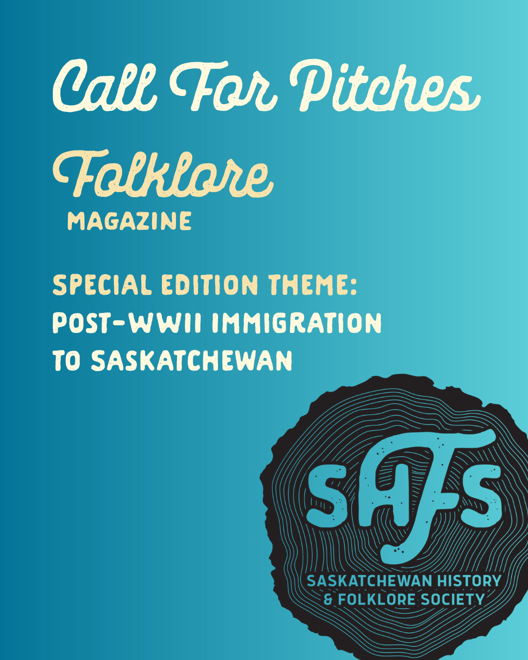 A blue poster reads "Call for Pitches Folklore Magazine"