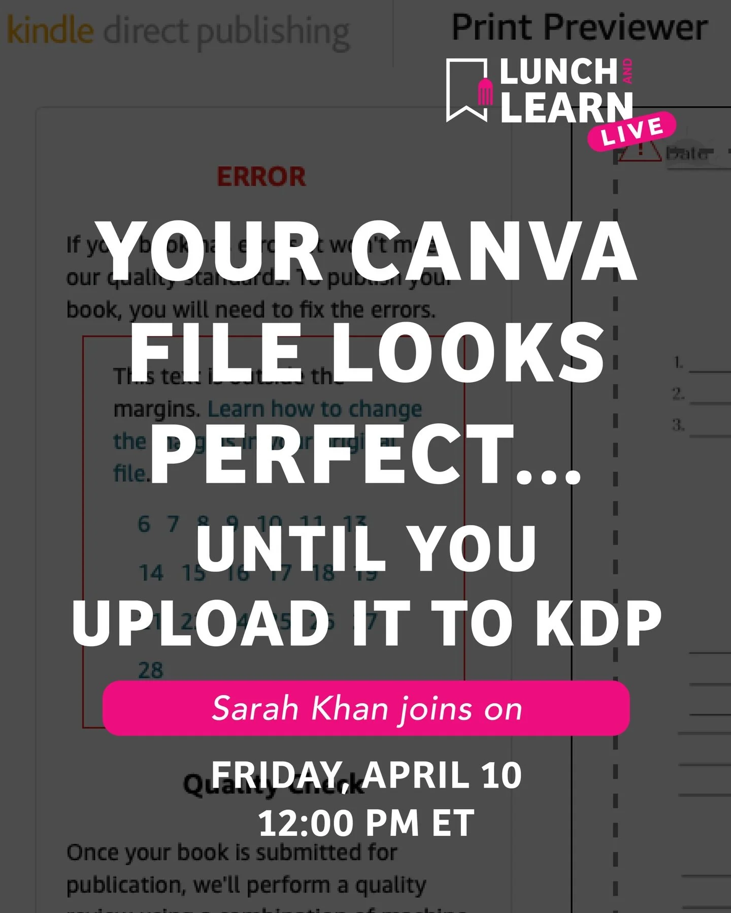 Your Canva file looks perfect&hellip; until you upload it to KDP. 📚

Join us for the 10th Lunch &amp; Learn Live on Friday, April 10th at 12:00 PM ET as I chat with Sarah Khan @donnasarahyoga, a Wellness Consultant.

Sarah designed her own journal i