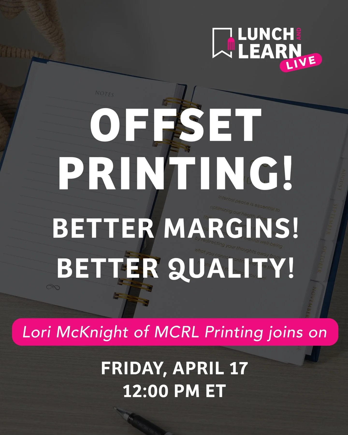 Offset printing! Better margins! Better quality! 📚

Join us for the 12th Lunch &amp; Learn Live on Friday, April 17th at 12:00 PM ET as I chat with Lori McKnight of MCRL Printing. @mcrlprint 

Offset printing is often the next step for authors and p