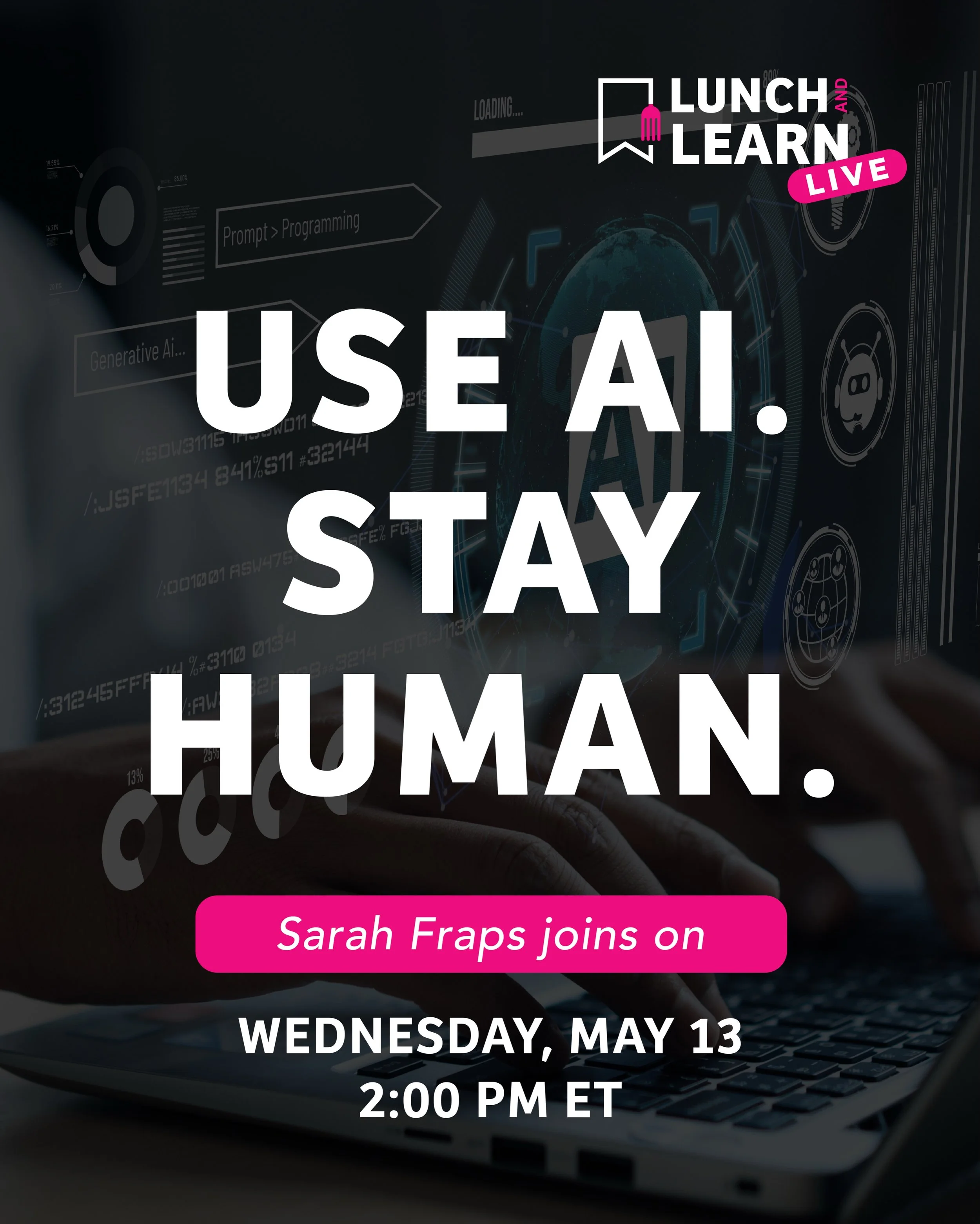 Use AI. Stay human. 🤖📚

Join us for the 17th Lunch &amp; Learn Live on Wednesday, May 13th at 2:00 PM ET as I chat with editor Sarah Fraps @sarahfrapseditorial 

AI is rapidly changing the publishing and business world &mdash; but does that mean au