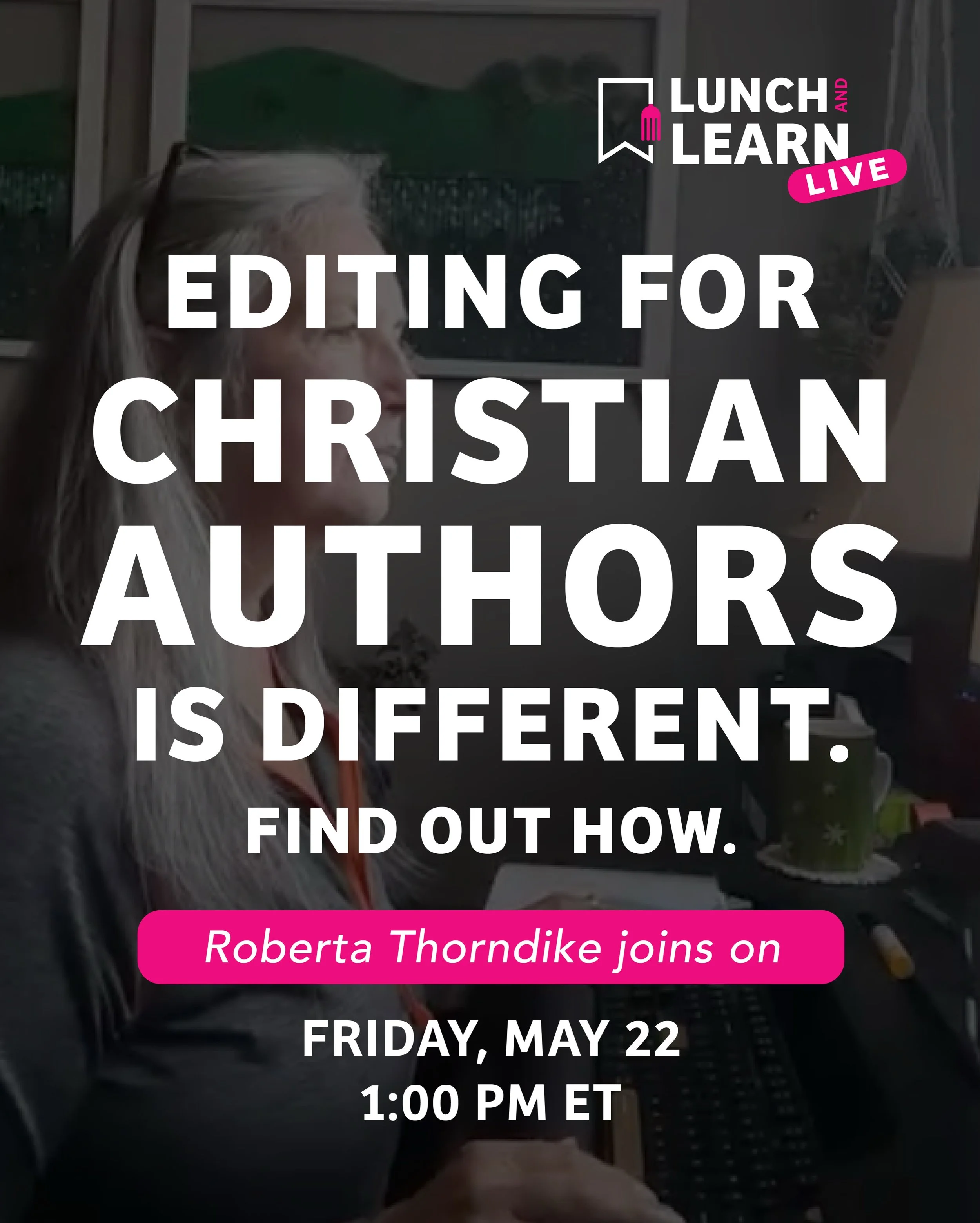 Editing for Christian authors is different. Find out how. 📚

Join us for Lunch &amp; Learn Live on Friday, May 22 at 1:00 PM as I speak with editor Roberta Thorndike.

Working with Christian authors requires a thoughtful and intentional approach &md