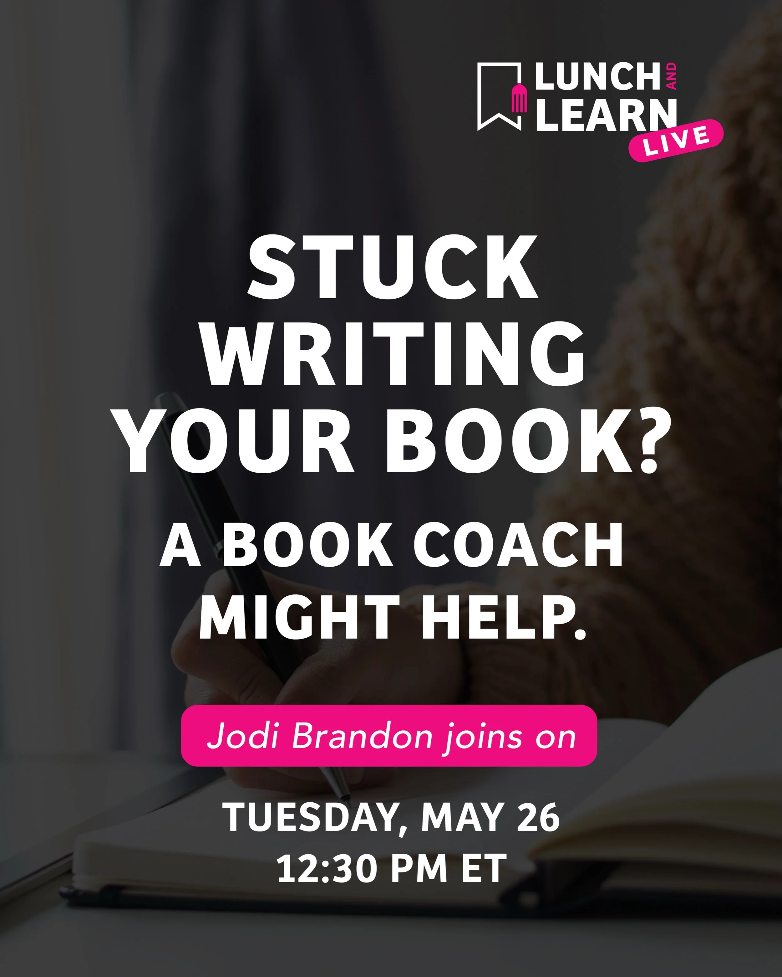 Stuck writing your book? A book coach might help. 📚

Join us for the 21st Lunch &amp; Learn Live on Tuesday, May 26th as I chat with Book Coach Jodi Brandon @jodibrandoneditorial .

Jodi was actually my very first Lunch &amp; Learn Live guest &mdash