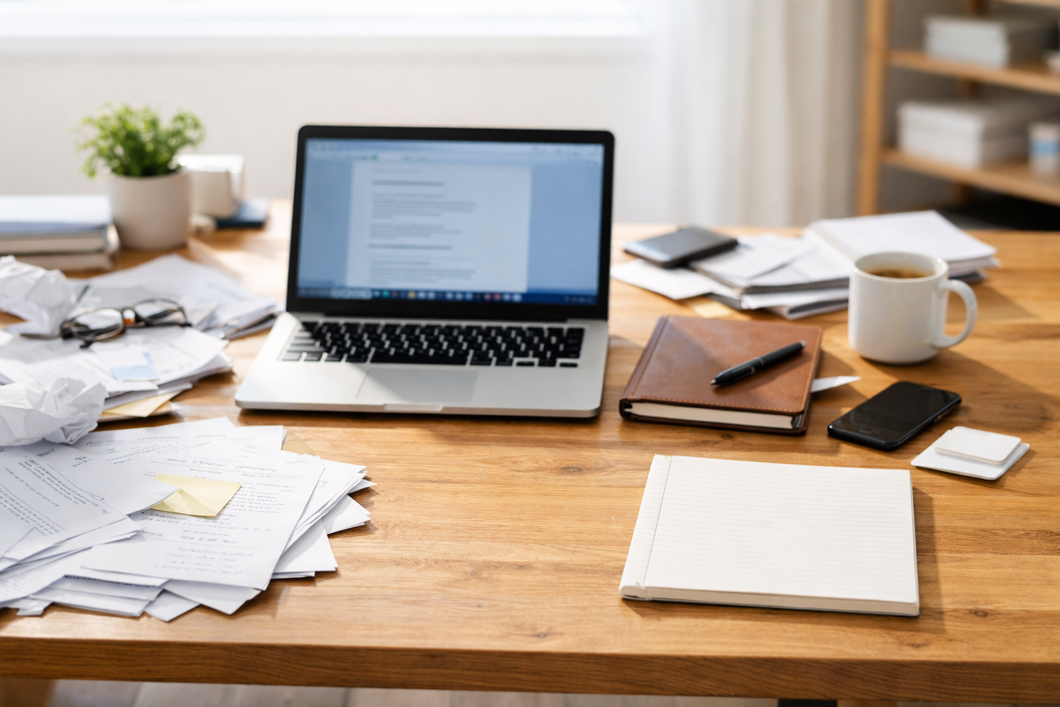 Image created by the author with ChatGPT depicting open laptop on a cluttered desk.