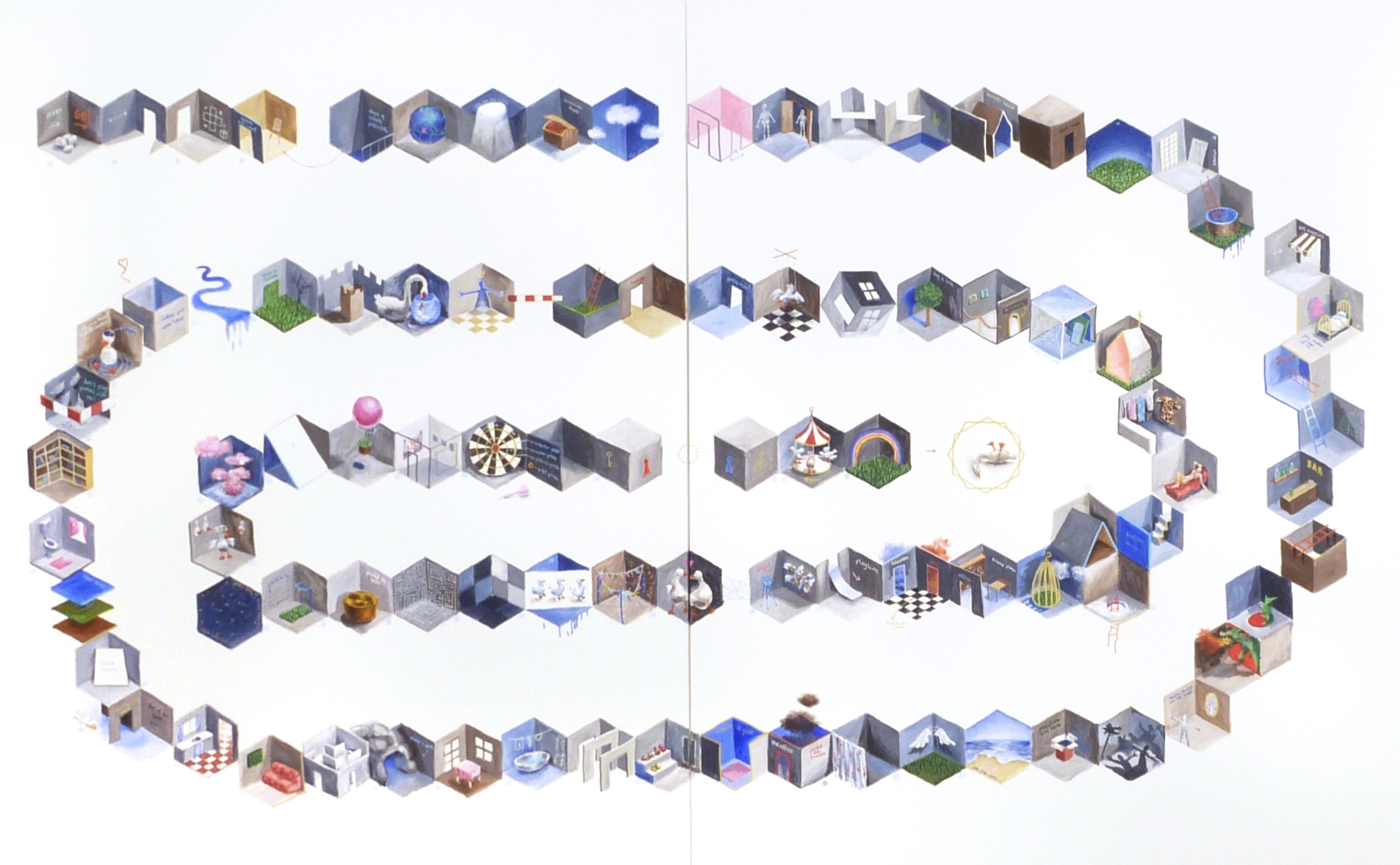 Art goose game, Acrilics on canvas, 120x200cm (+ module of cards of 120x100cm)