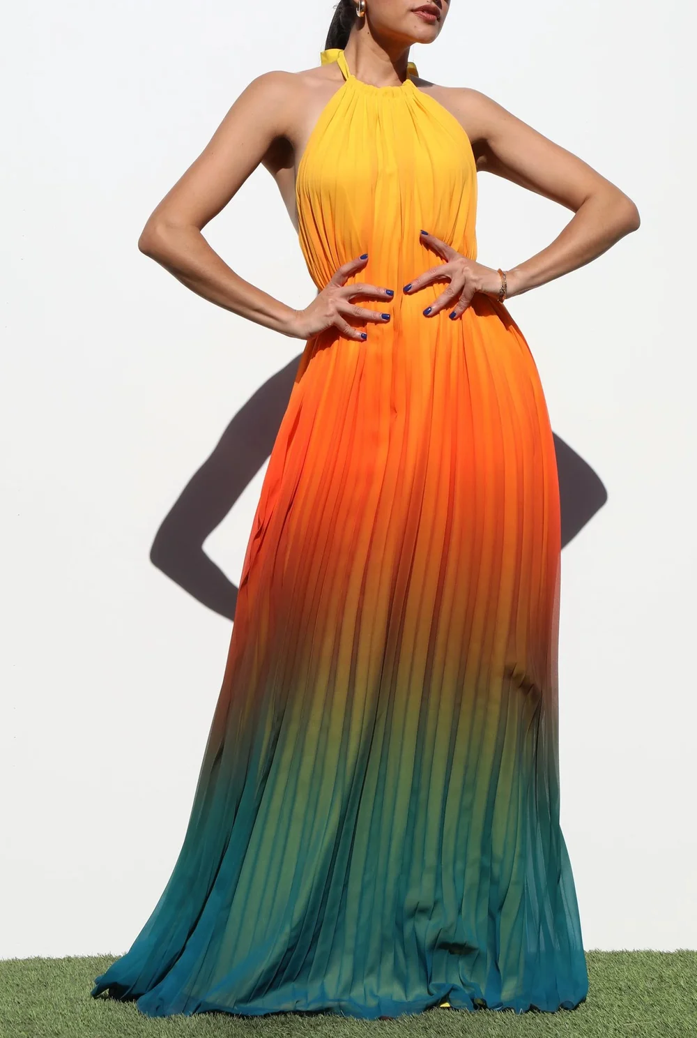 Dressy Sunset Gradient Pleated Maxi Dress Pleated Maxi Dress