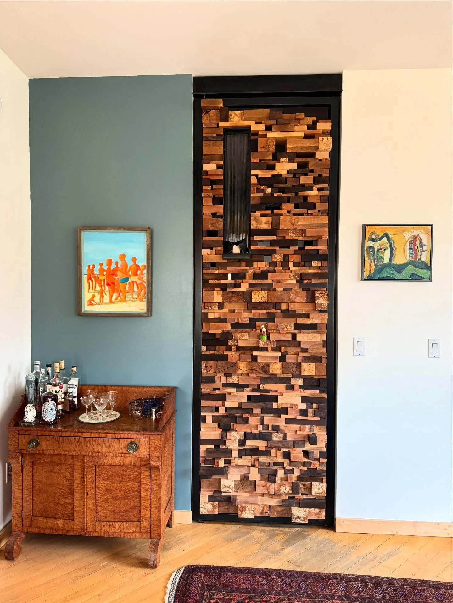 Sometimes we get to build things for ourselves.  It is one of the perks of the business. 
This door uses many of the “precious” scraps from the wood shop, all the short, beautiful, mostly unusable pieces of incredible material left over
