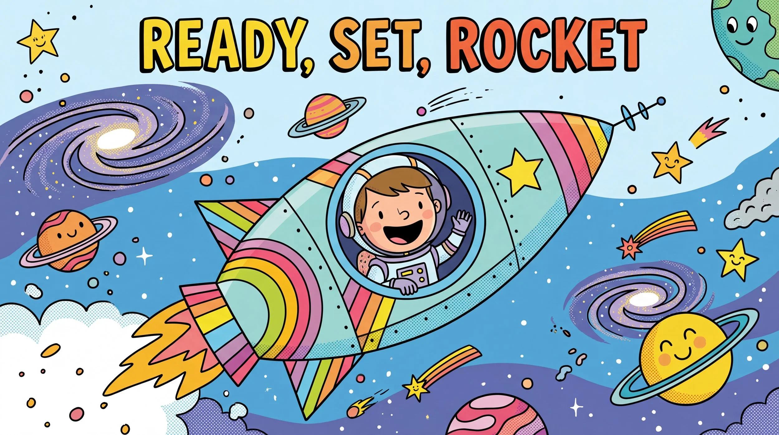 Ready, Set, Rocket artwork of a young astronaut flying a rocket through space, kids theatre at the Springer Opera House