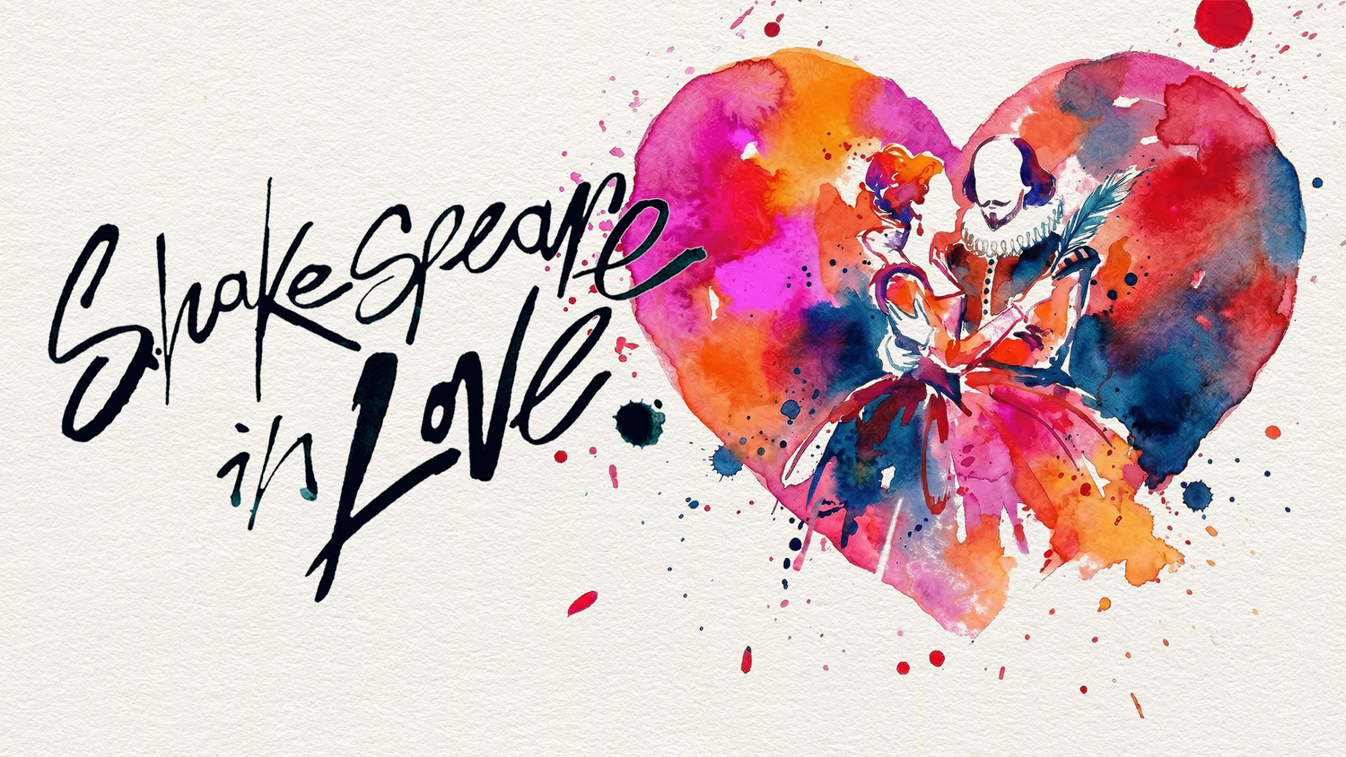 Shakespeare in Love artwork with a watercolor heart, a romantic comedy play at the Springer Opera House in Columbus, GA