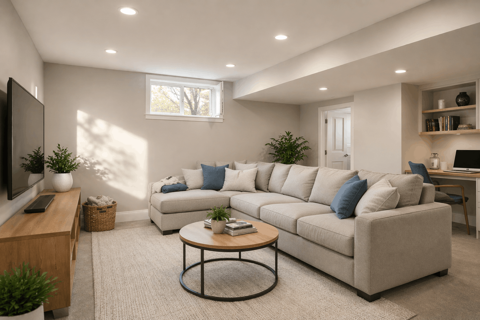 Bright finished basement in Winnipeg home, where radon levels can build up and should be tested