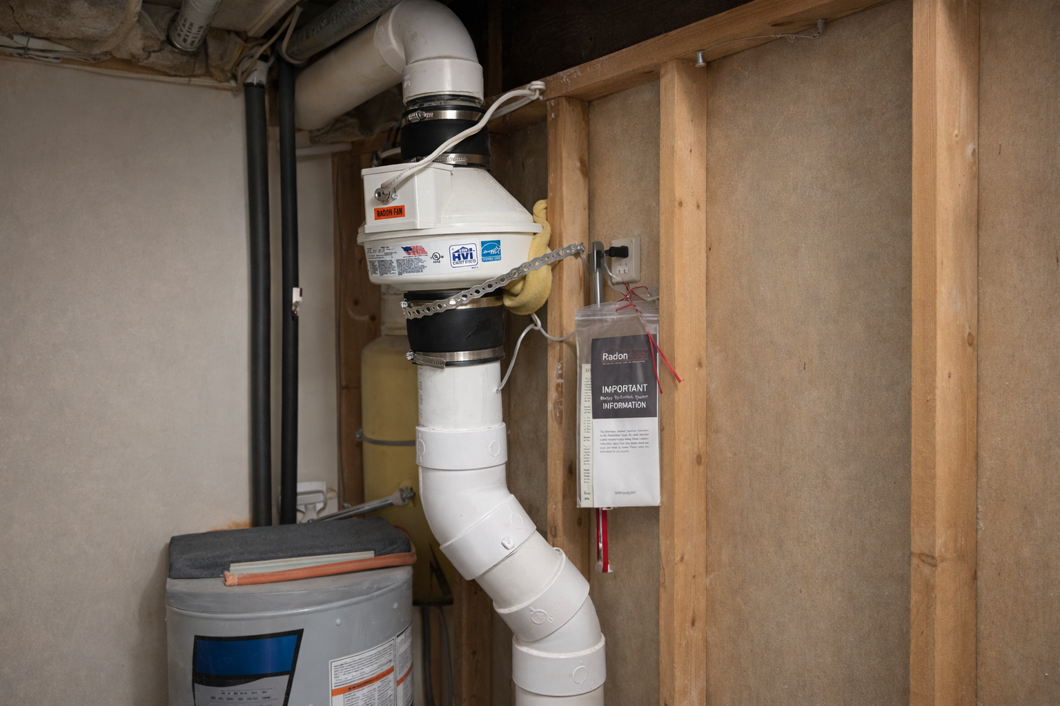 Radon mitigation system installed in a Winnipeg home, showing pipe and fan used to reduce indoor radon levels.