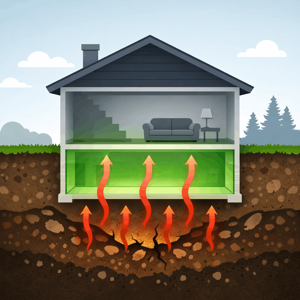 Use a cross-section style home graphic that subtly illustrates radon entering from the ground.  Not a technical diagram. More like:  a simple house silhouette  soil underneath  arrows moving upward  basement highlighted