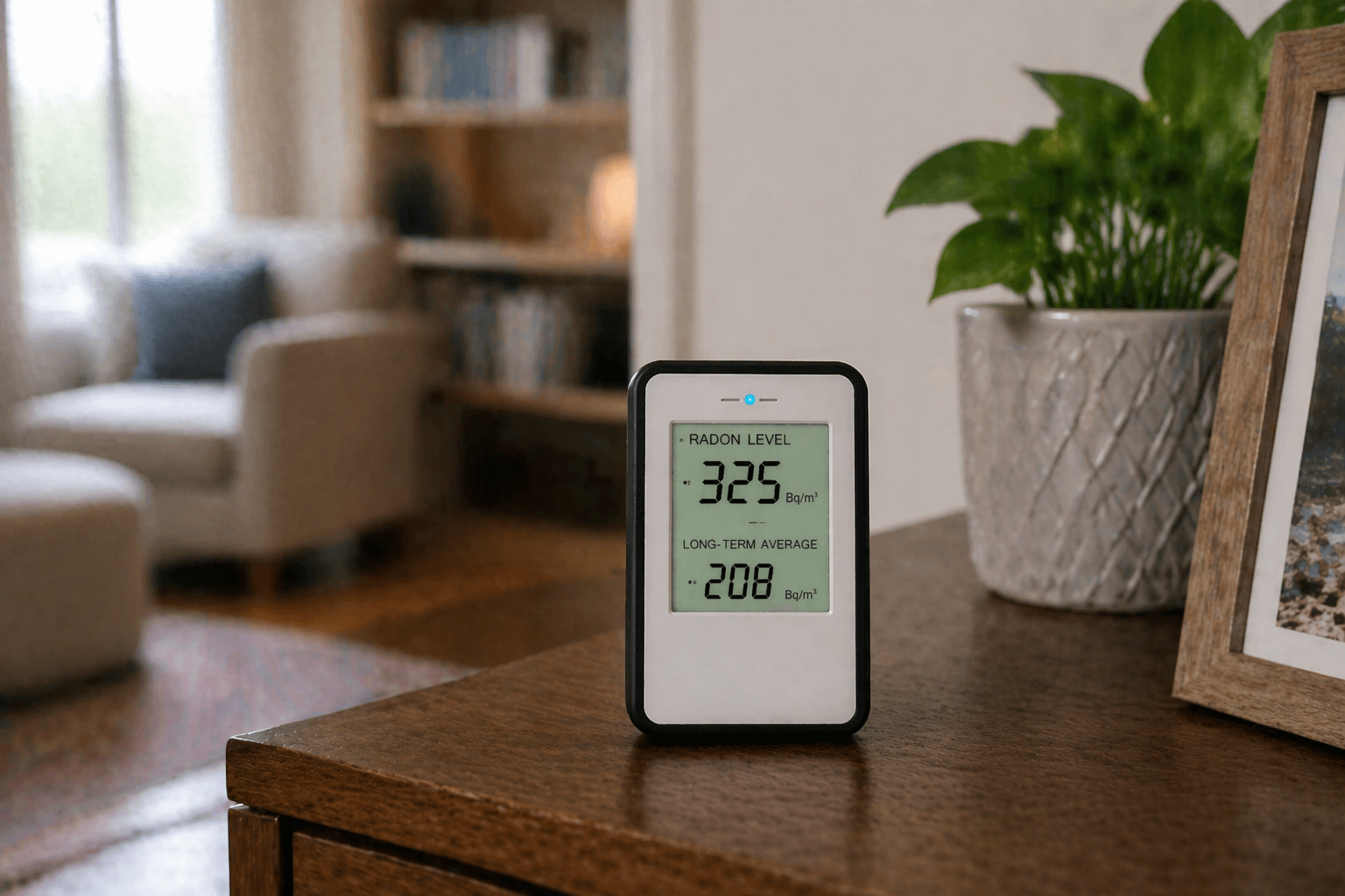 Radon test device measuring indoor radon levels in a Winnipeg home