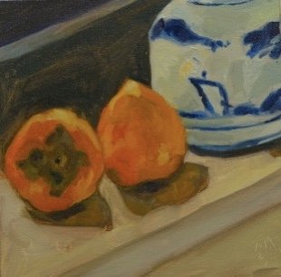 Two Persimmon, Blue and White Vase 10" x 10"