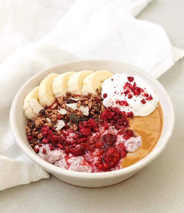 Healthy, easy and delicious breakfast packed with fibre, healthy fats and probiotics. Chia pudding with raspberries, banana, peanut butter with a spoonful of our probiotic Natural Coconut Yoghurt and a sprinkle of our Cherry Cacao Paleo Cereal. #star