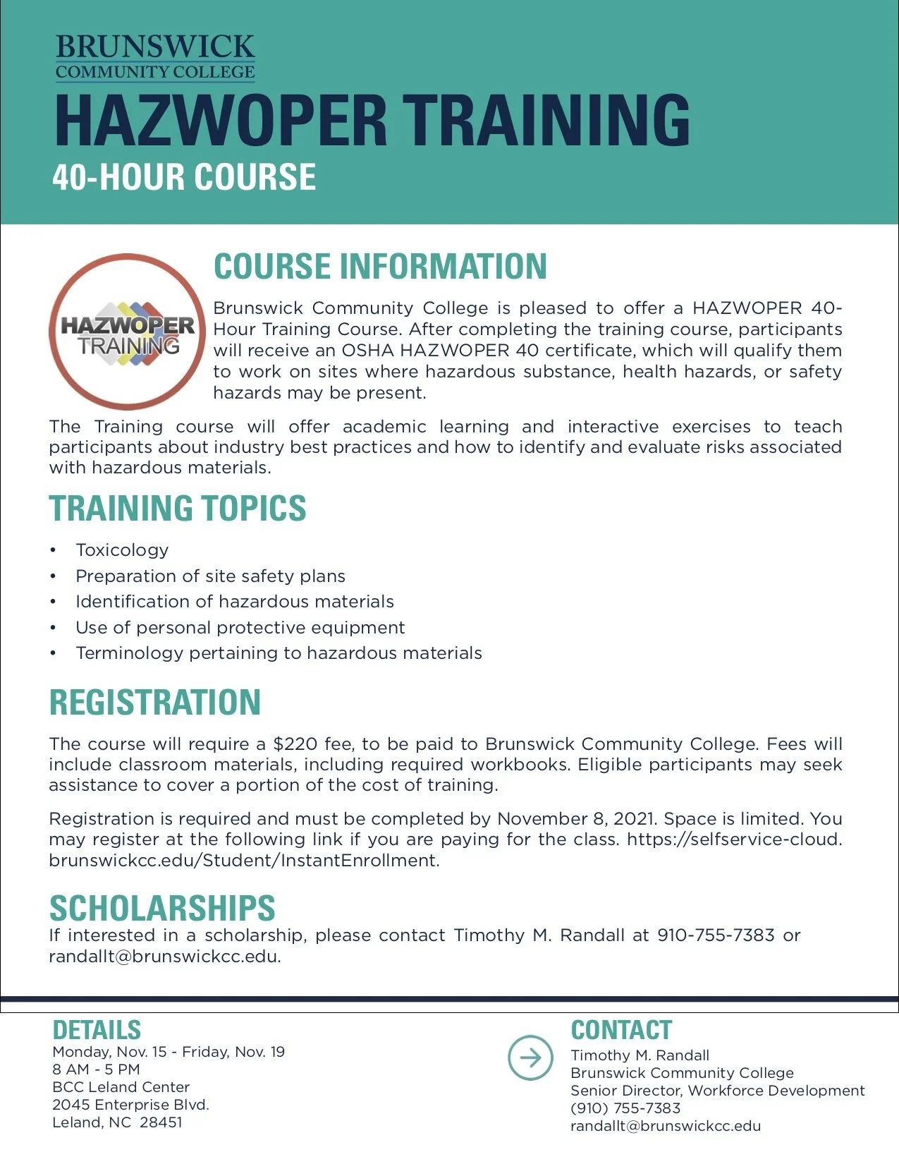 40-Hour HAZWOPER Training Offered by Brunswick Community College November 15-19, 2021