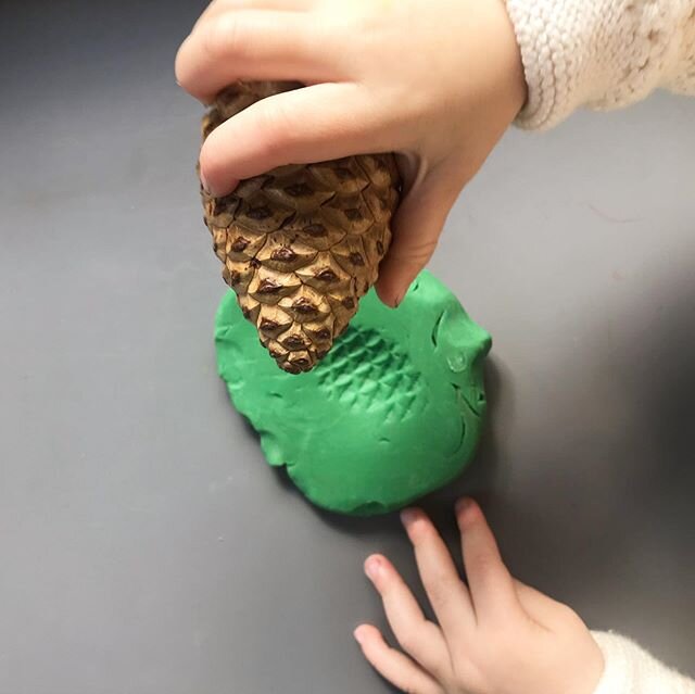 Little ones love playing with tools found in the natural world. Hello cool pinecone textures in our bright green play dough! Happy exploring! 🌲 #homedaycare #creativekids #playdough #creativeplay #naturelove #bayareakids #oakland #berkeley #bayarea 