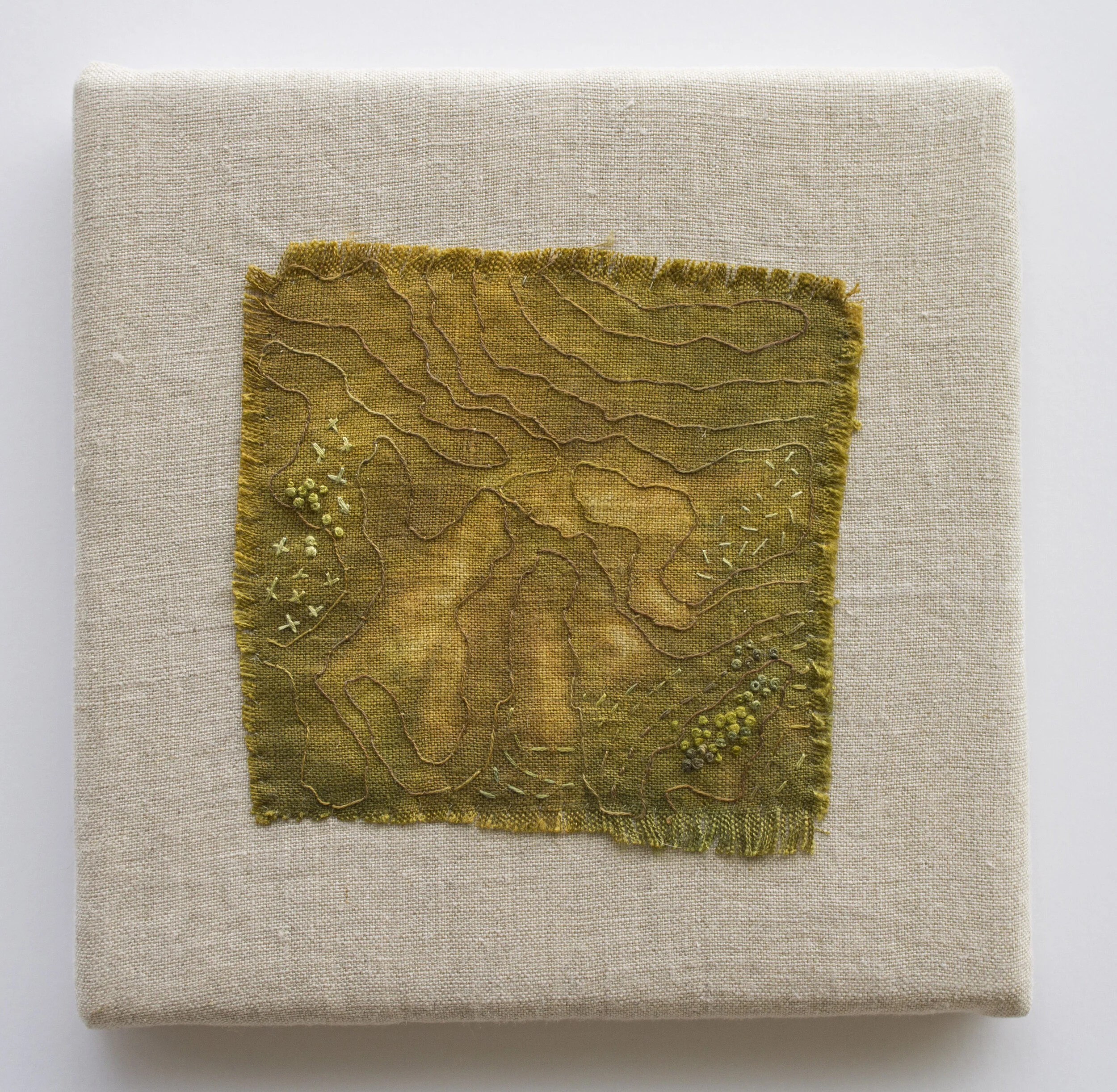 Rooted II     8" h x 8" w x 1" d.   Linen and cotton.  Hand dyed fabric with hand embroidery. Mounted.  2019