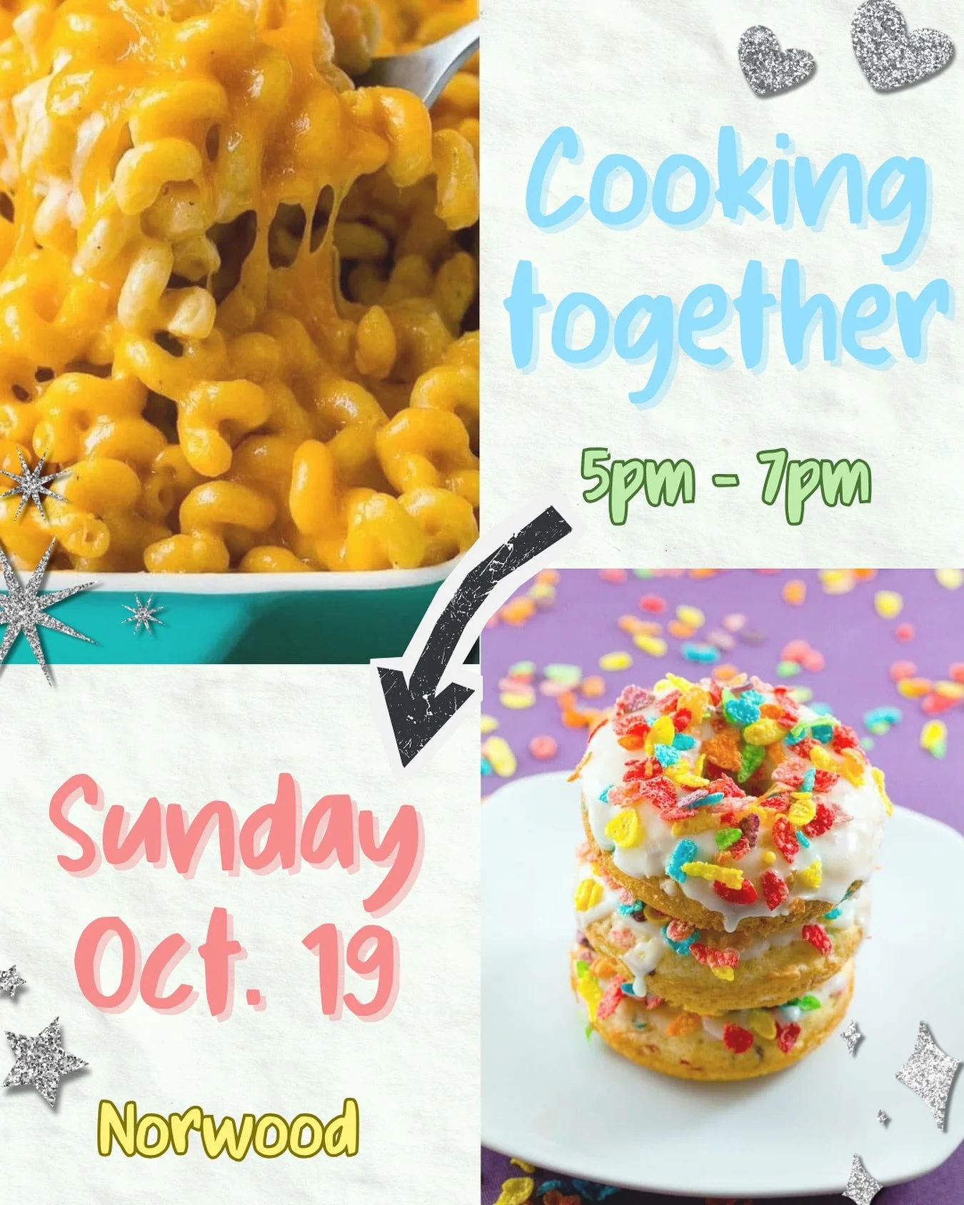 It takes two! 💕
Mac &amp; cheese and Fruity Pebbles donuts taste even better when you make them together! 👩&zwj;🍳✨ Sign up on our website under Single Classes🍩🌈
&bull;
&bull;
&bull;
#theflavorlabs #cookingstudio #bergencounty #newjersey #bakingc