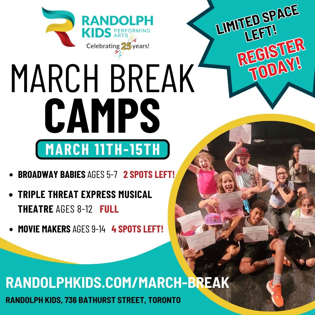 Grab these last spots in our 🎭MARCH BREAK CAMPS🤸 while you still can!
Register at ➡ randolphkids.com/march-break 

Interested in more camps? ☀Summer Camps🍦 are on the horizon! Learn more and register at ➡ randolphkids.com/summer