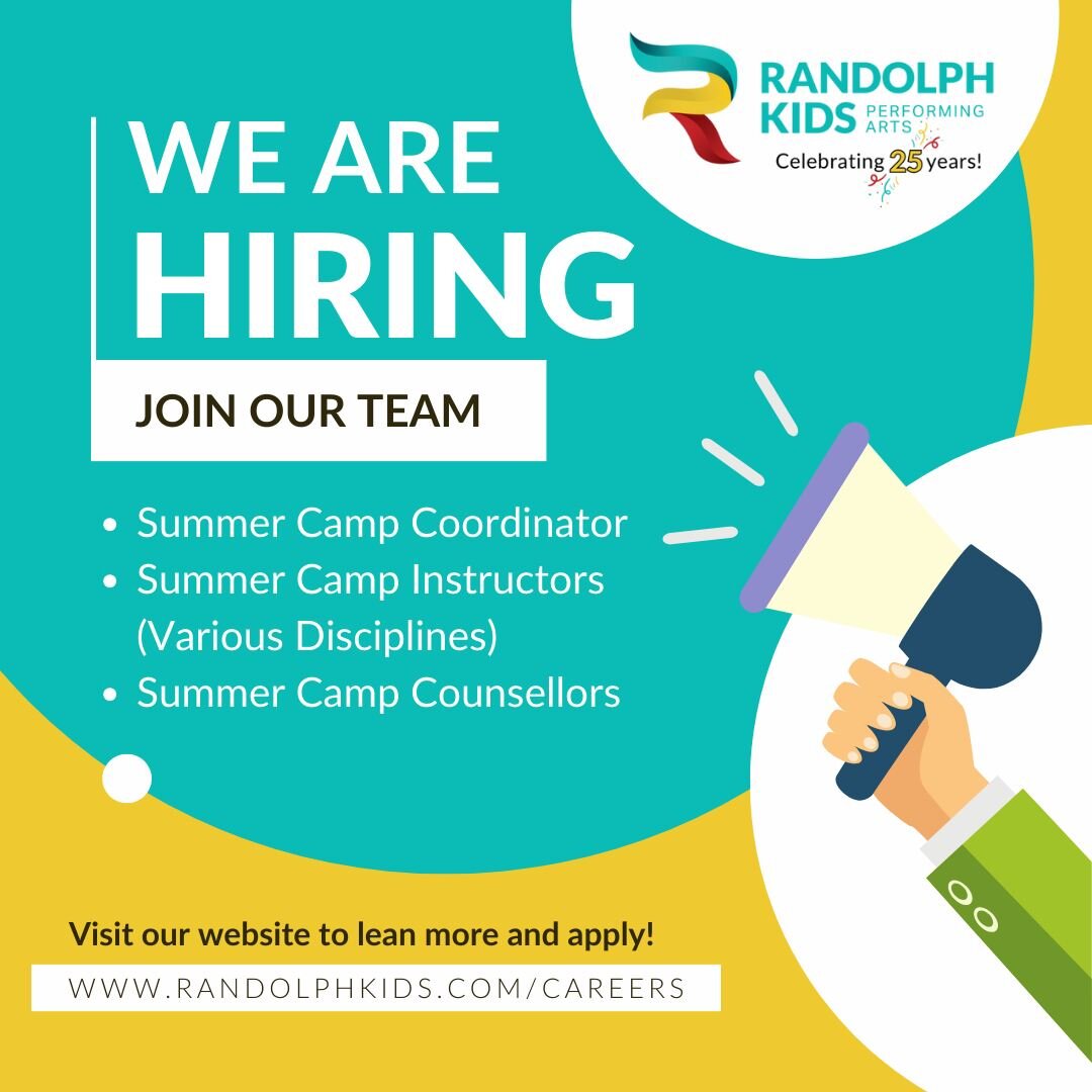 📣 We are HIRING for our Summer Camp season!

☀️ Instructors for Drama, Dance, Music, Voice-Over, etc.
☀️ Counsellors with a passion for the performing arts.
☀️ A Coordinator with excellent customer service and organizational skills.

Visit our websi