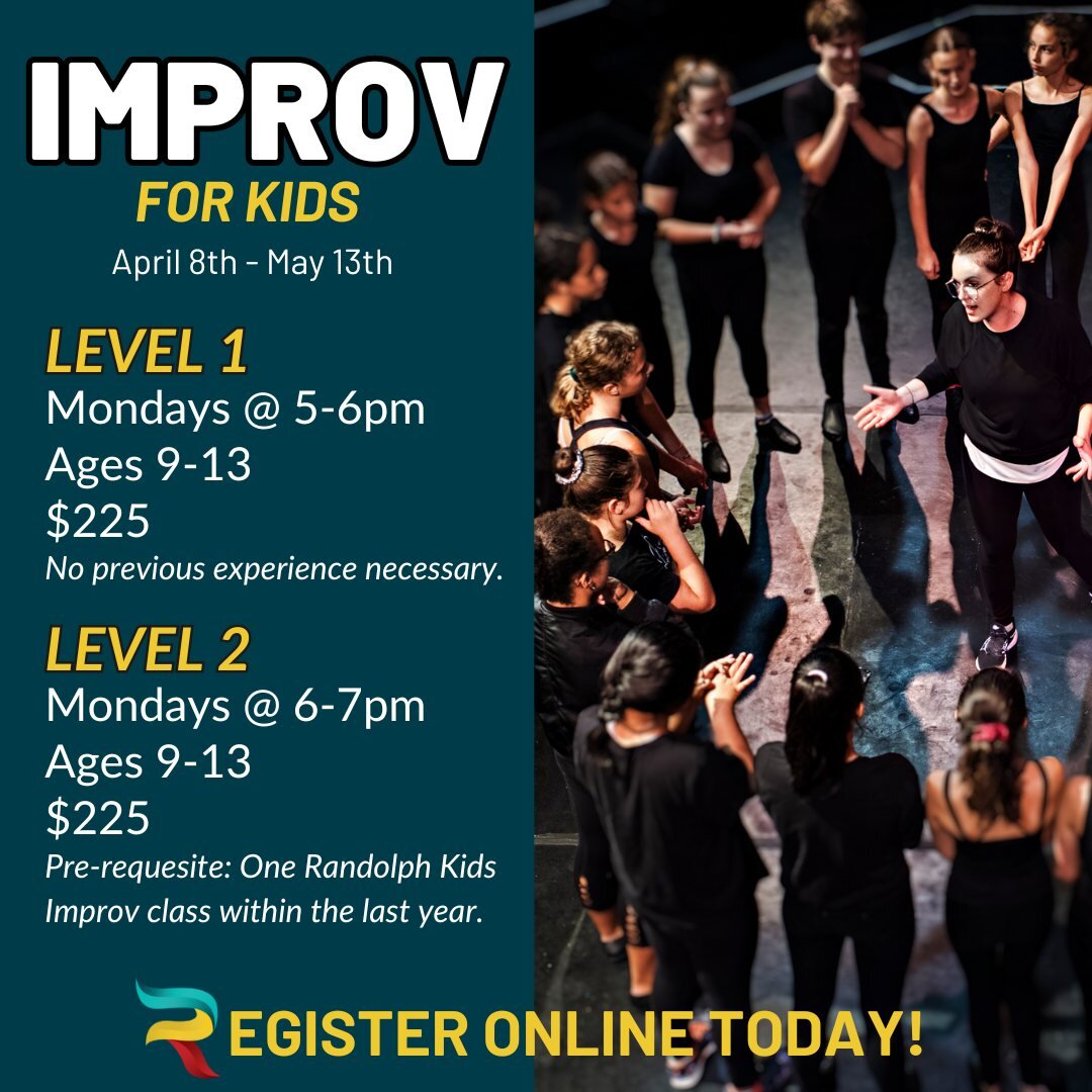 🚨 NEW class alert! 🚨

Join us for 6 weeks of Improvisation!  Learn to ACT🎭 on-stage with fellow performers, and have some laughs!!! 🤣

➡ Mondays @ 5-6pm or 6-7pm
➡ For kids ages 9-13

⭐️ Register NOW using the link in our bio.

#actingforkids #to