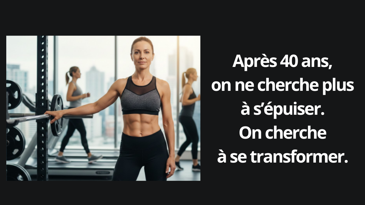 Femme sportive de plus de 40 ans en entraînement de musculation, illustrant la transformation du corps, la perte de graisse abdominale et le renforcement après la ménopause.