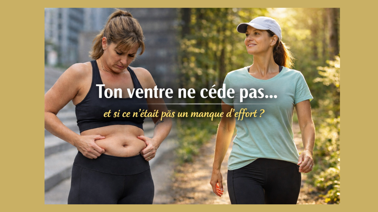 Comparaison visuelle entre une femme frustrée après la course et la même femme marchant sereinement en forêt, illustrant une approche stratégique pour perdre du ventre après 40 ans.