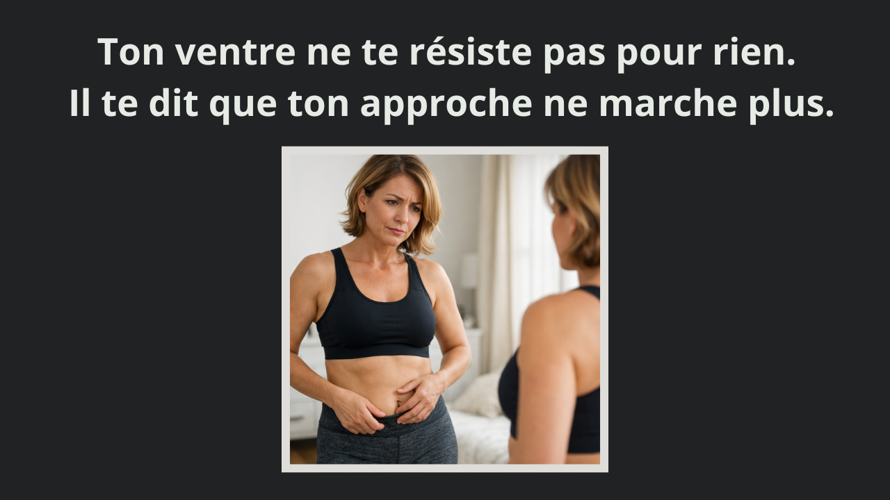 Femme active de plus de 40 ans en tenue de sport devant un miroir, regardant son ventre avec perplexité