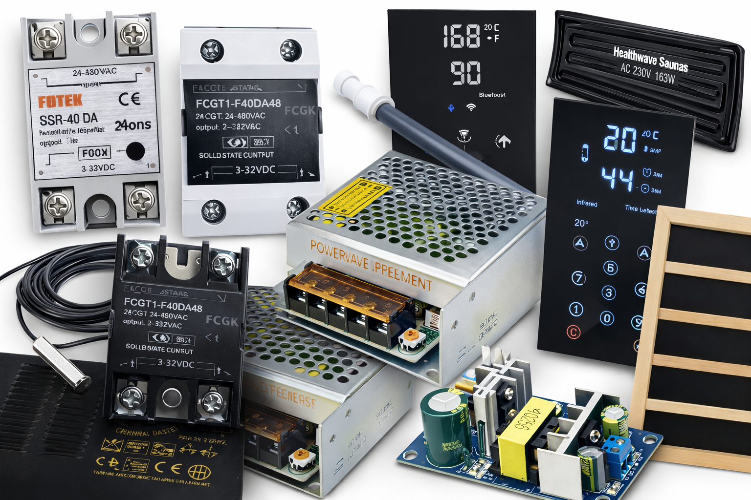 Infrared sauna parts including heaters, control panels, relays and power supplies for repair and replacement
