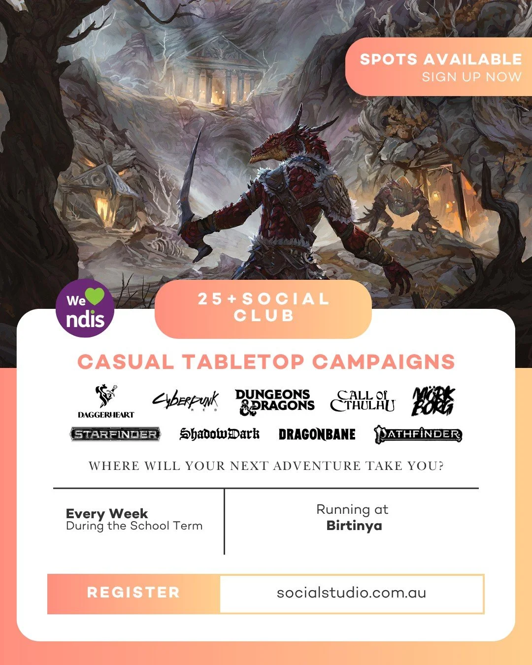 Looking for a new way to connect and unwind? Your weeknight adventure awaits. 🎲

Dive into the world of Dungeons &amp; Dragons with our 25+ group. It's more than a game&mdash;it's an evening of collaborative storytelling, strategy, and escaping the 