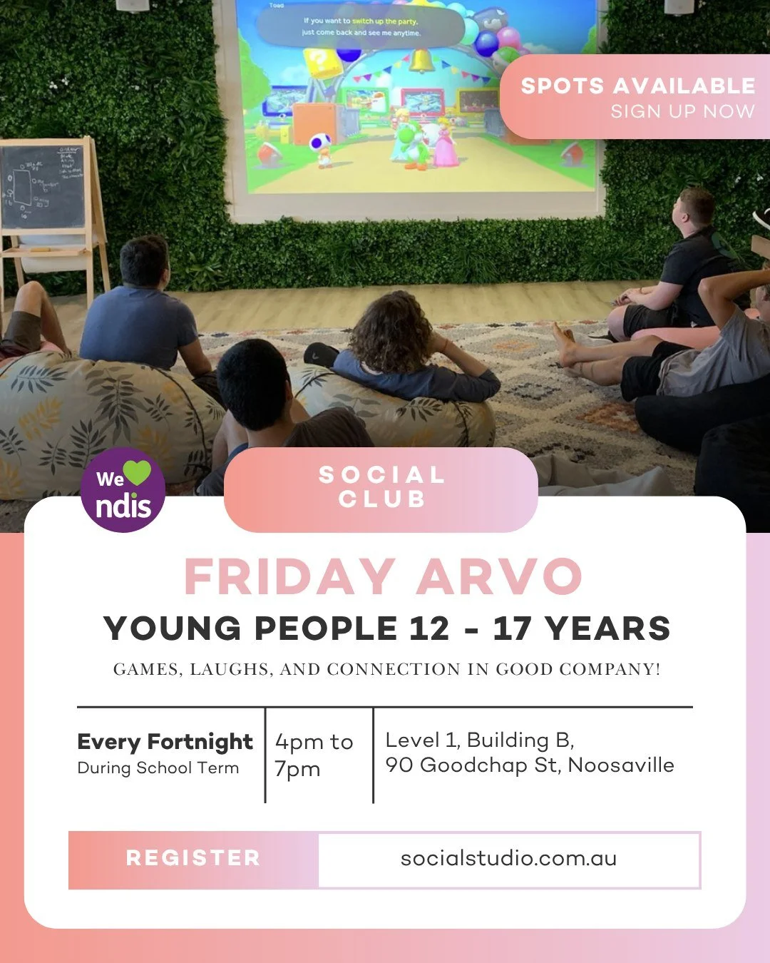 Noosa teens, upgrade your Friday afternoons! 🤙
Our fortnightly Social Sessions are your space to unwind after the school week. Hang out, jump into a game on the big screen, challenge someone to a board game, or just chill and connect with new peopl