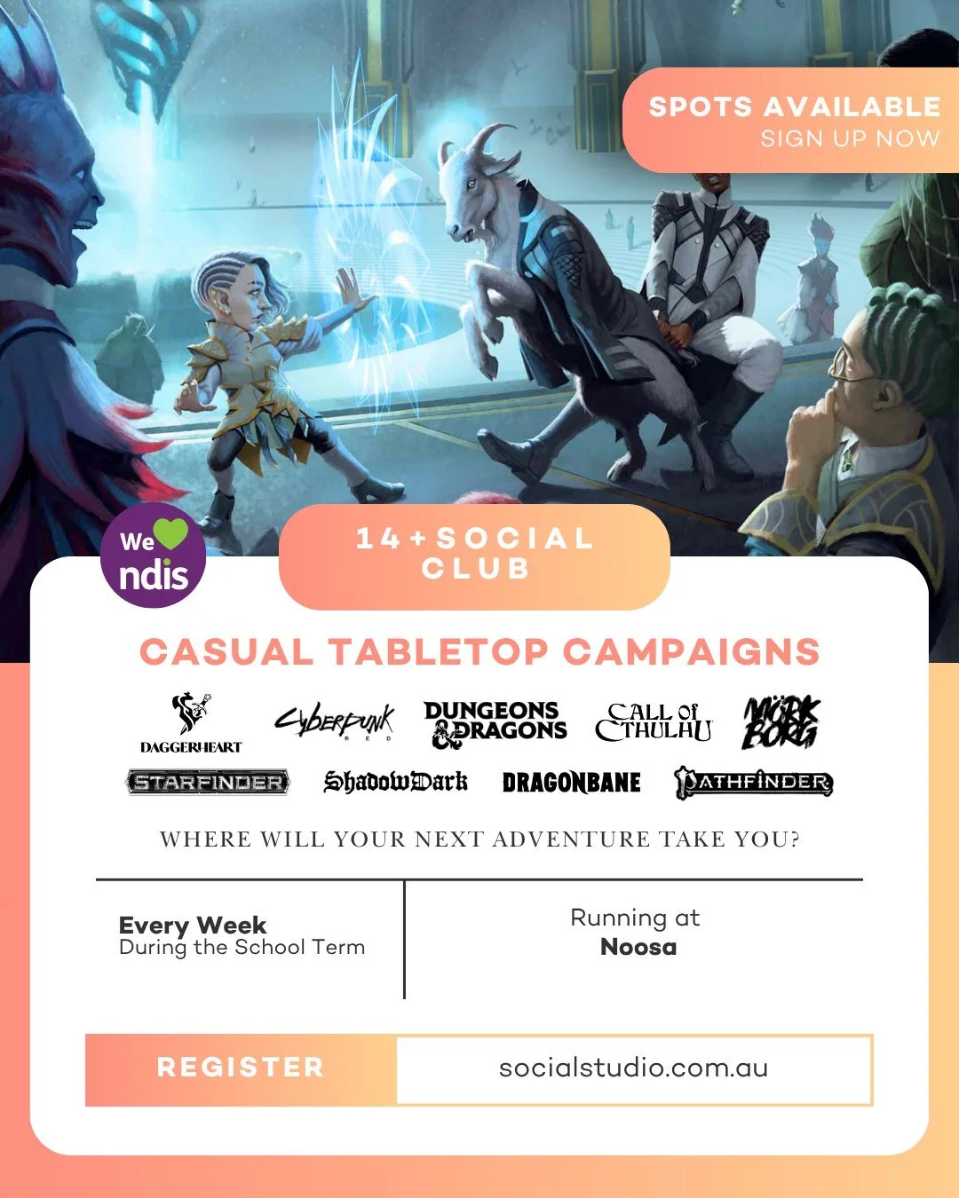 Calling all adventurers in Noosa! 🗺️ Your local D&D campaign is on.
Build your character, join a party, and explore fantasy worlds right here at our Noosa studio. D&D is an amazing way to express your creativity and connect with other teens