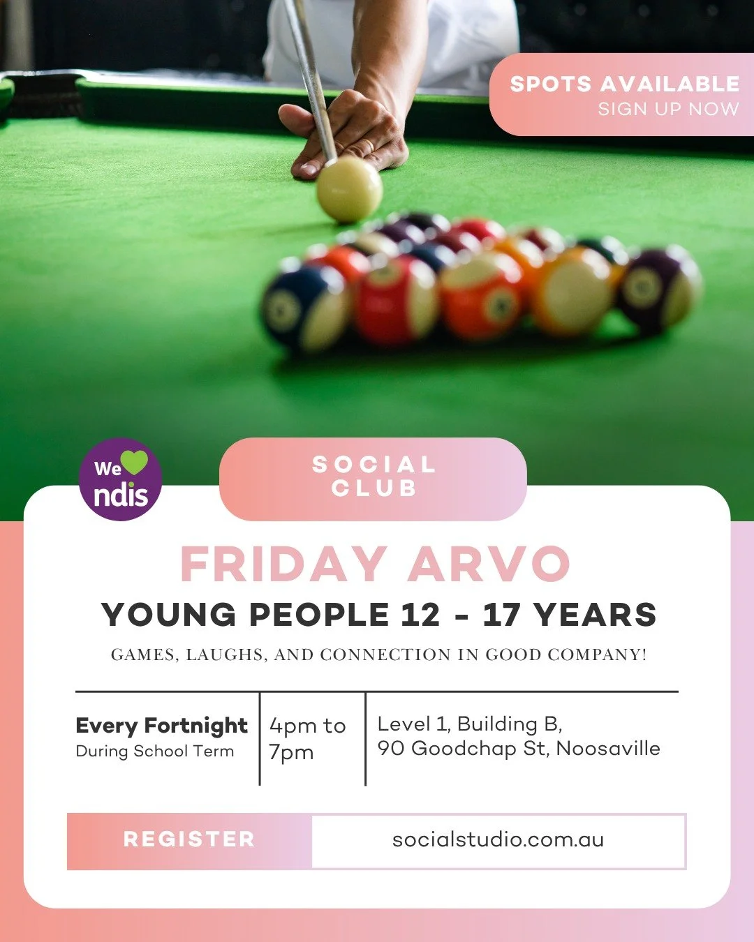 Noosa teens, your Friday arvo plans just got an upgrade! 🎮🎱

Kick off the weekend at our Social Club. It's the perfect, relaxed space to hang out, jump on the projector for some games, play some pool, and just connect with new people. Good games, g