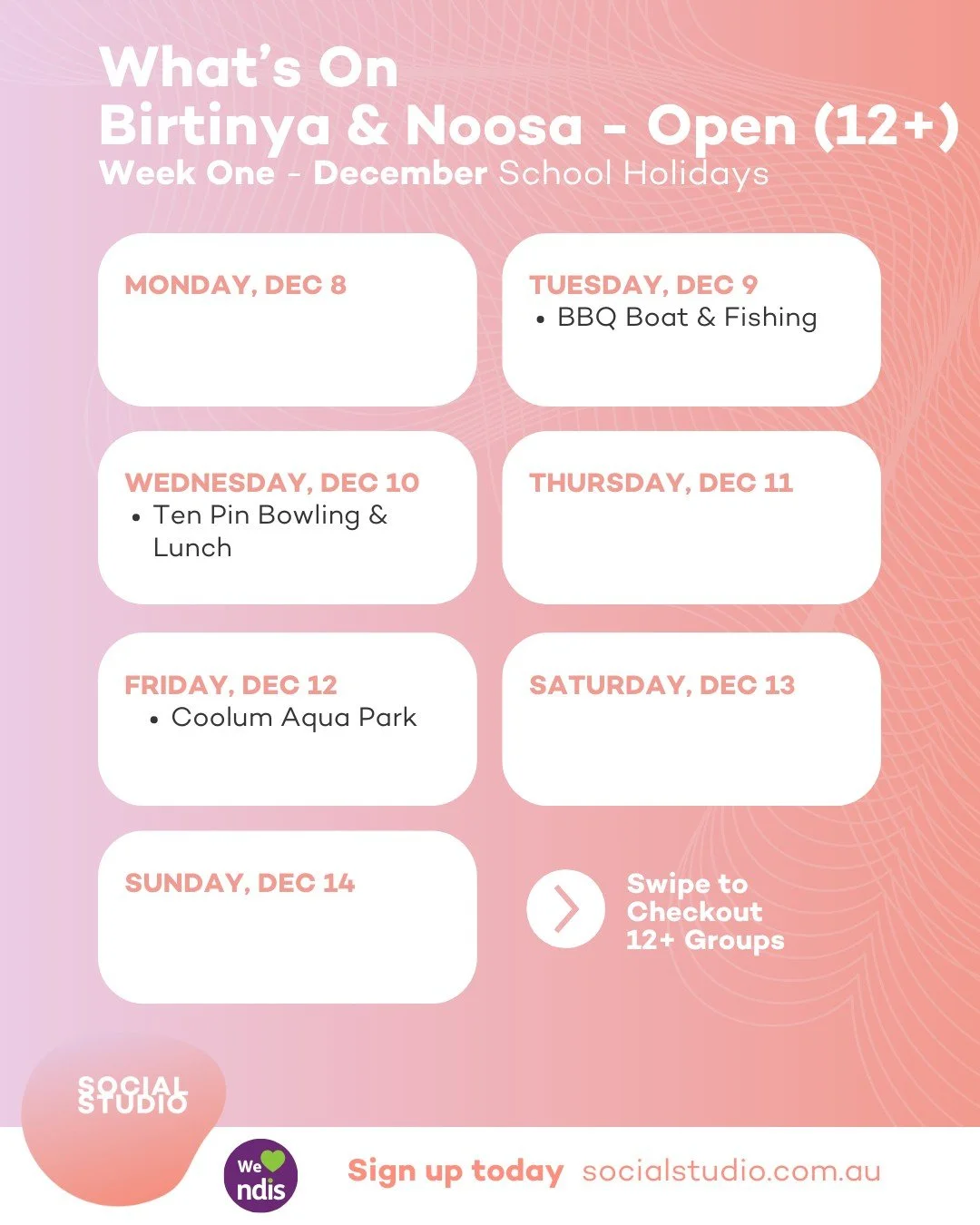 🔥 12+ Holiday Programs are GO! 🔥

Ready for next-level fun this December and January? Our Birtinya &amp; Noosa 12+ groups are jam-packed with excursions, gaming, and social hangs specifically for teens and young adults!

Highlights include: Zero La