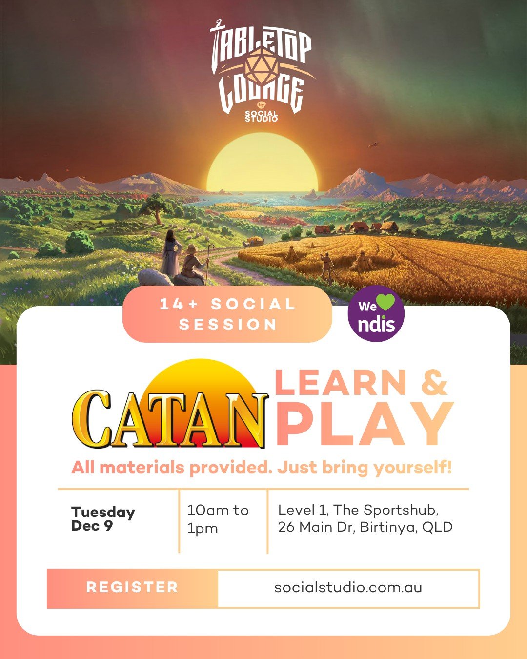 Our Learn &amp; Play Catan session is running this Tuesday, December 9th (10am&ndash;1pm). This is a perfect, low-stakes environment to learn the classic board game, focus on strategy, and build social skills. All materials provided. Book your spot a