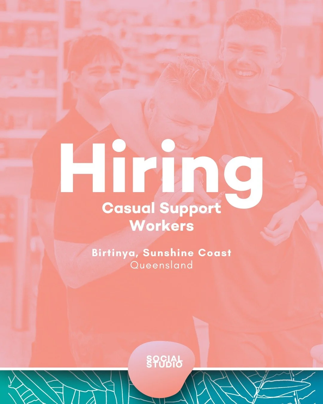 Social Studio is Hiring!!
Casual Support Workers Wanted - BIRTINYA!

We're looking to grow our wonderful team! 
If you'd like to join us and be a part of our beautiful innovative space where we provide support to amazing young people, and not to ment
