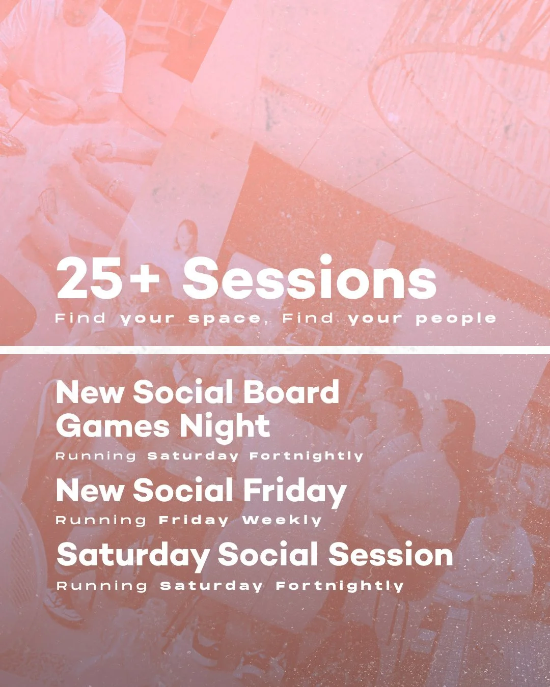 Looking to find your space and find your people? Our 25+ offerings are all about relaxed vibes, good conversations, and genuine connection. We have put together a stellar lineup of sessions designed to help you unwind and connect with an awesome crew